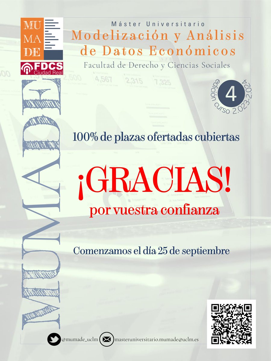 📢 Terminado inscripción Máster Universitario en Modelización y Análisis de Datos Económicos (MUMADE). Muy agradecidos a todos los solicitantes que han confiado en nosotros.

👉 Cubierto el 100% de las plazas ofertadas.
👉 Las solicitudes han cuadruplicado la oferta.

🙏 GRACIAS.