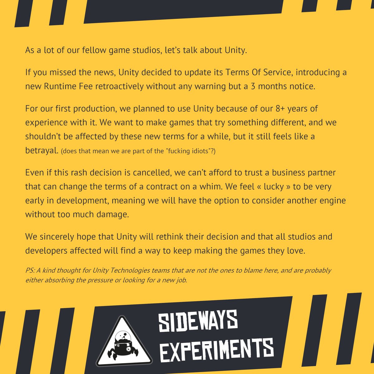 SideXP_Studio's tweet photo. Message from Sideways Experiments

#Unity #indiedev #IndieGameDev https://t.co/KtNLF9hrhQ