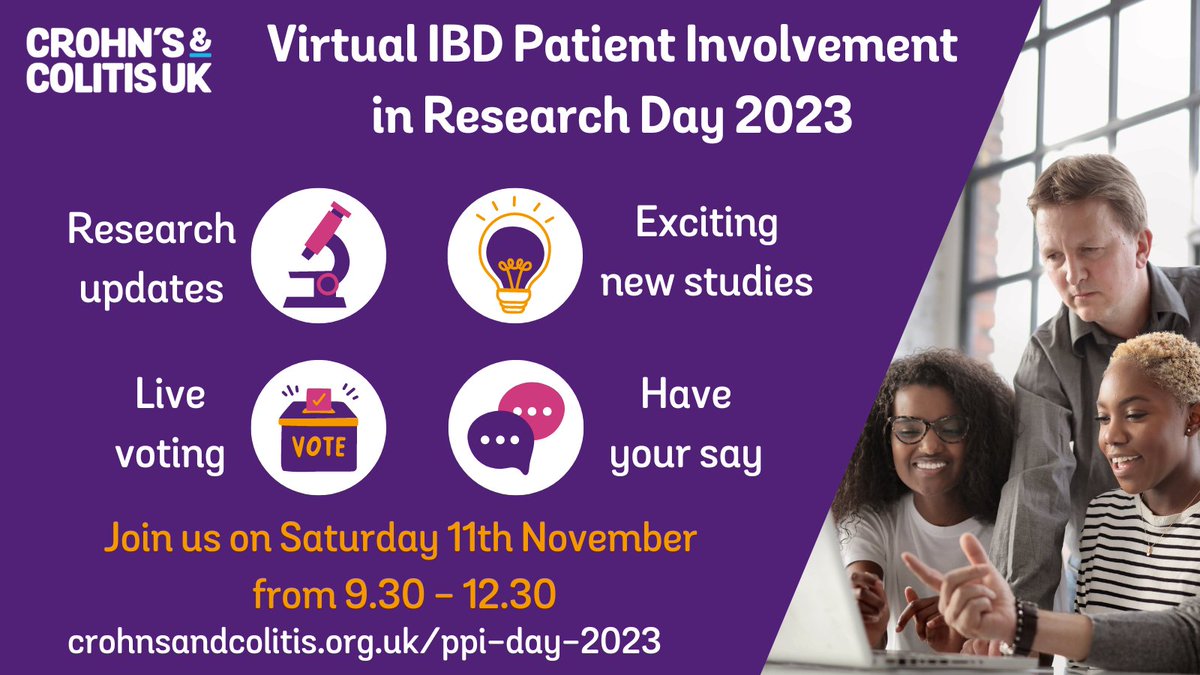 Have you registered for our virtual Patient Involvement in Research Day on 11th November yet? It's a great opportunity to hear about the latest IBD research, and the researchers want to hear from YOU through live voting! Find out more and sign up now: crohnsandcolitis.org.uk/ppi-day-2023