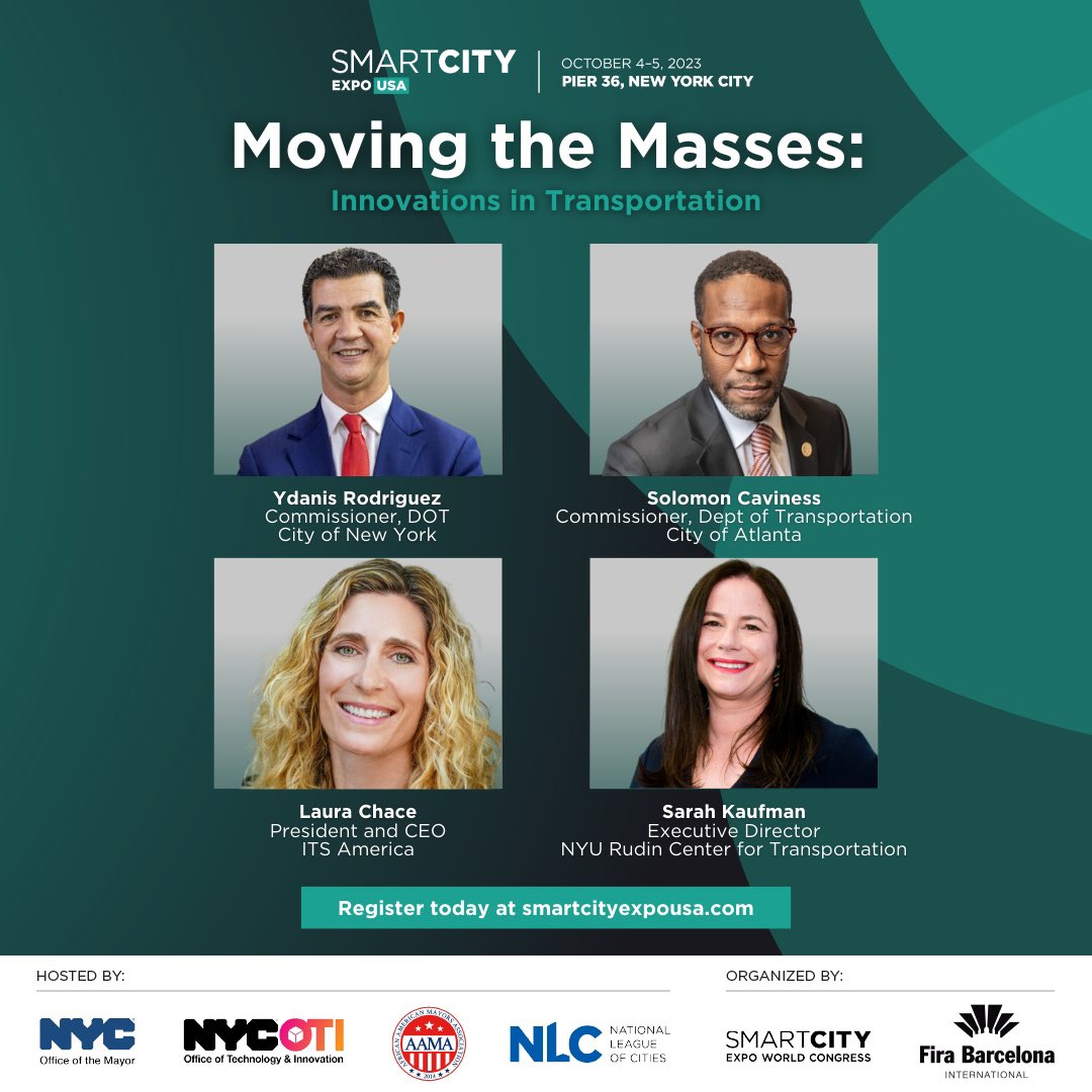 Explore the future of urban mobility with our panel, Moving the Masses: Innovations in Transportation, featuring: 🚗 @ydanis | @NYC_DOT 🚗 @cavinessiv | @ATLDOT 🚗 @LauraChace_ITSA | @ITS_America 🚗 @sarstar | @NYURudin Register: smartcityexpousa.com