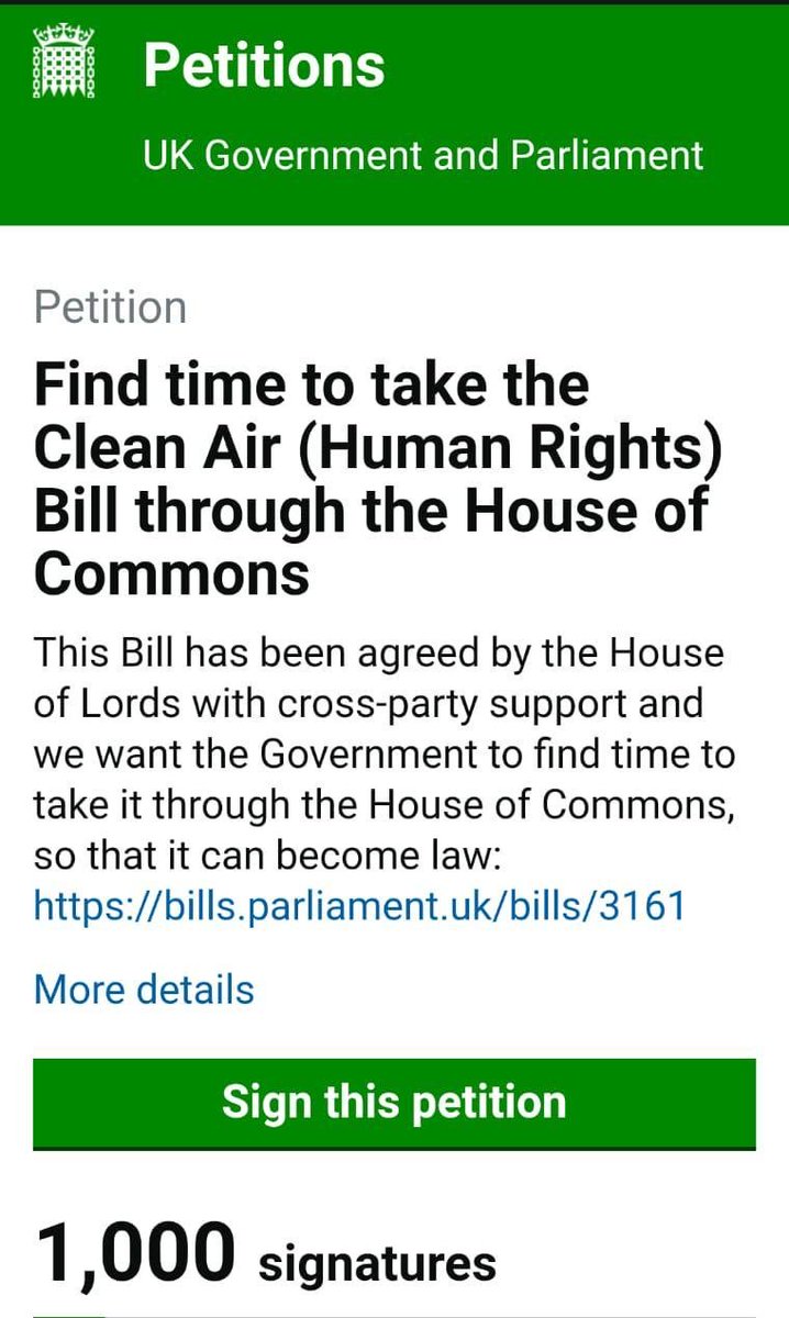 ACTION REQUIRED! Please sign &amp; share this petition with your networks. The NHS waiting list is 7.7M; its a health crisis. We need a debate about clean air &amp; the impact air pollution is having on everyones health today. 1K signed this wk. Lets get it to 10K petition.parliament.uk/petitions/6393…