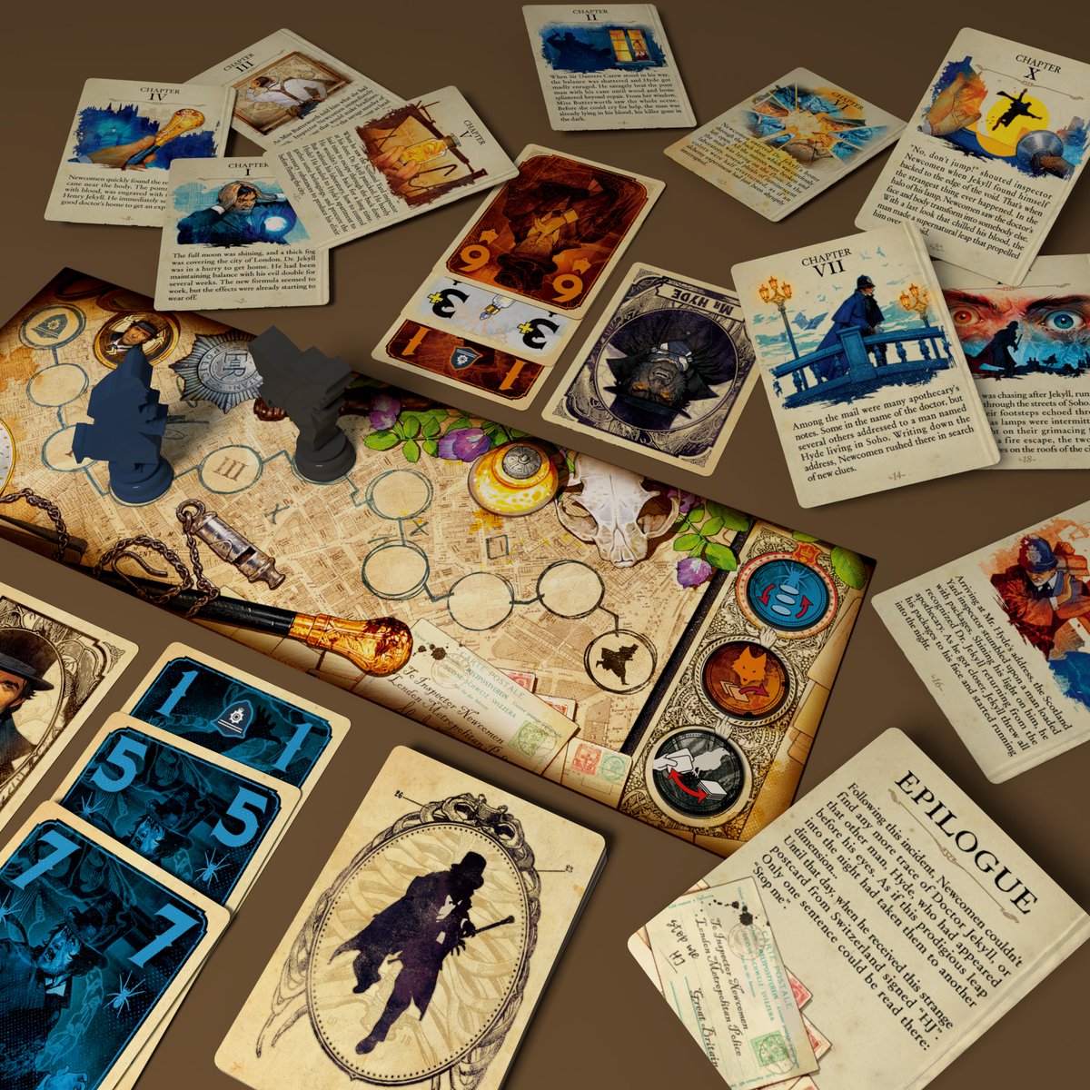 There are 10 chapter cards which give you nice narratives with stunning art by #VincentDutrait and unique chapter rules by #OlivierCipiere and #GaetanBeaujannot. They're attractively challenging! Meet Jekyll & Hyde vs Scotland Yard in #Spiel '23. Meet Mandoo at #5A132
