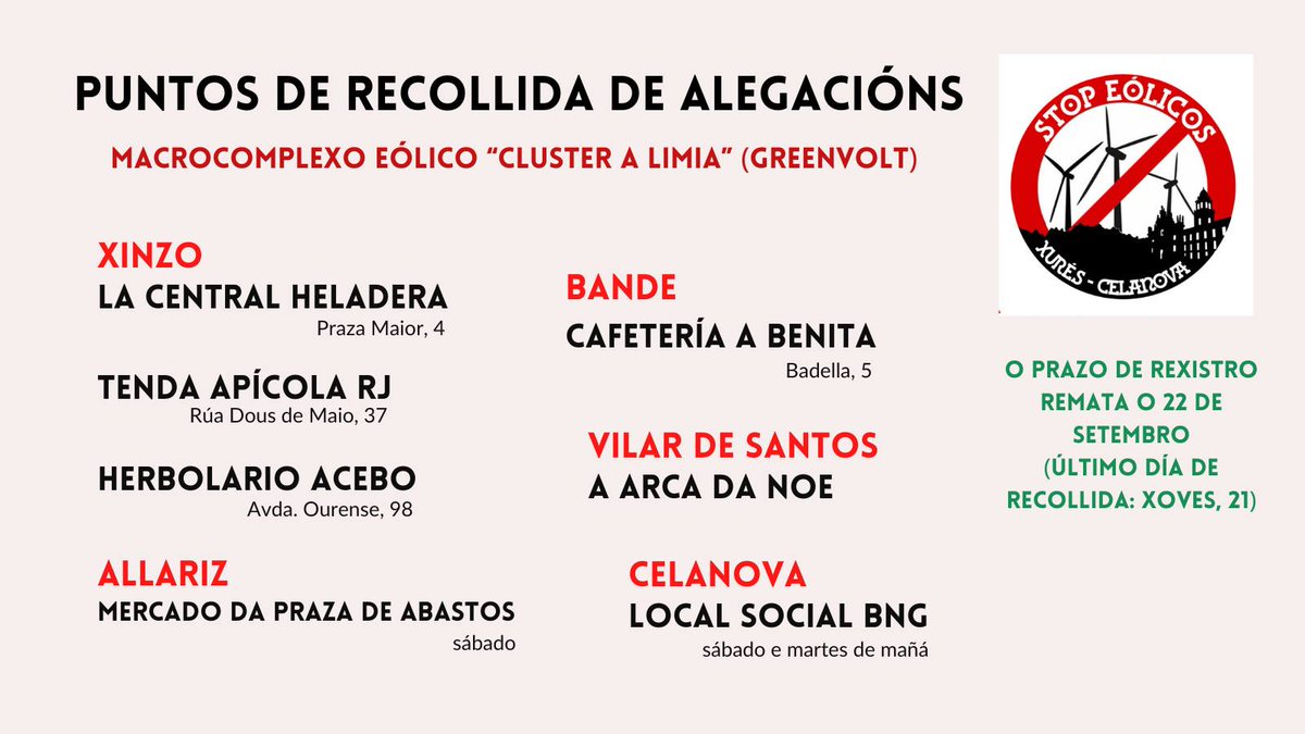 xurescelanova21's tweet photo. Aquí tedes os puntos de recollida de alegacións contra o macrocomplexo Clúster A Limia, a trámite no Ministerio en Madrid.

#Xinzo #Allariz #Bande #Celanova e #VilardeSantos https://t.co/wURf92aDHq