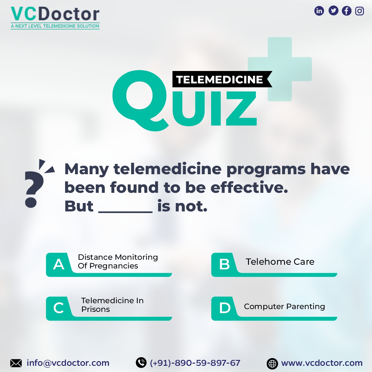 vc_doctor's tweet photo. Think you know all there is to know about Telemedicine? Put your knowledge to the test with VCDoctor's #TelemedicineQuiz! Challenge yourself and stay ahead in the world of virtual healthcare.
#VCDoctor #VCDoctorapp #quiz #quizfortheday #telemedicine #healthcare #healthcarequiz https://t.co/EEGdZ8wBWE