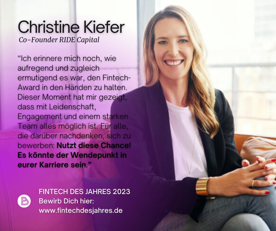 Nur noch heute kannst du dich &amp; dein Unternehmen bewerben!

<a href="/ckieferia/">Christine Kiefer</a> hat letztes Jahr den Award in der Kategorie„Unternehmerin des Jahres“ mit <a href="/ridecapital/">ridecapital</a> gewonnen.

Bewirb dich hier: fintechdesjahres.de/bewerben
