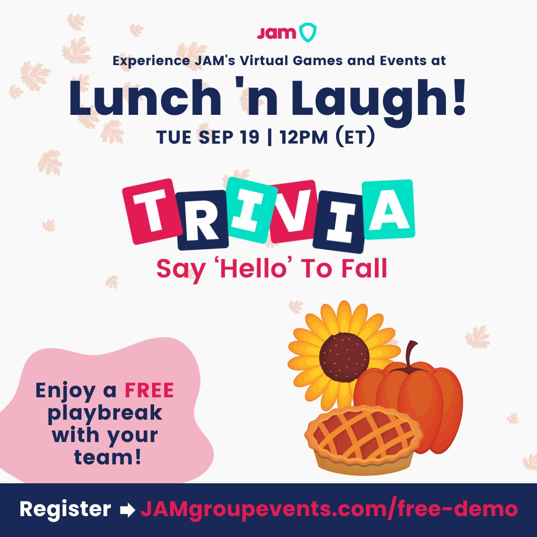 Get your PSL and fuel up! It's time to for the ultimate trivia takedown! (HR vs IT anyone?) Join us next Tuesday as we say ‘Hello’ to fall with Autumn Trivia! 

REGISTER HERE: ow.ly/I9wY50PHA71 

#FunWithTeammates #FreeEvent #trivia #TeamBuilding #LetsJAM