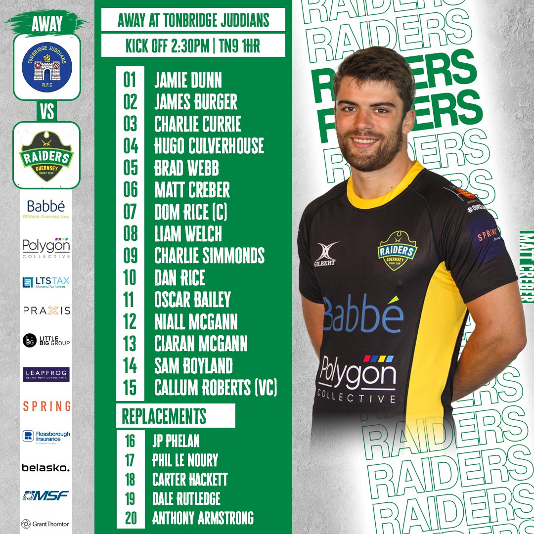 🚨 Teamsheet Announcement 🚨

Tomorrow, the Guernsey Raiders set sail to the UK and go into the storm against Tonbridge Juddians!

🏆| Don’t forget the RWC Fan Zone is open all weekend

📍| The Slade, Tonbridge, Kent, TN9 1HR

It's time to set sail, GO RAIDERS! 🟢⚪️