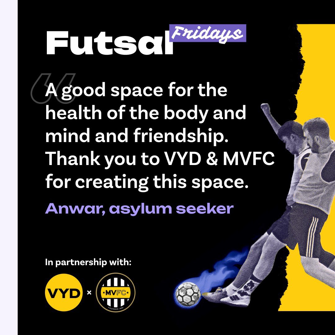 Futsal Friday is here again 🤙

Join other futsal fanatics including local mixed gender people and refugee &amp; asylum seekers, in our weekly sweat &amp; skill soaked sessions 😅 ⚽️