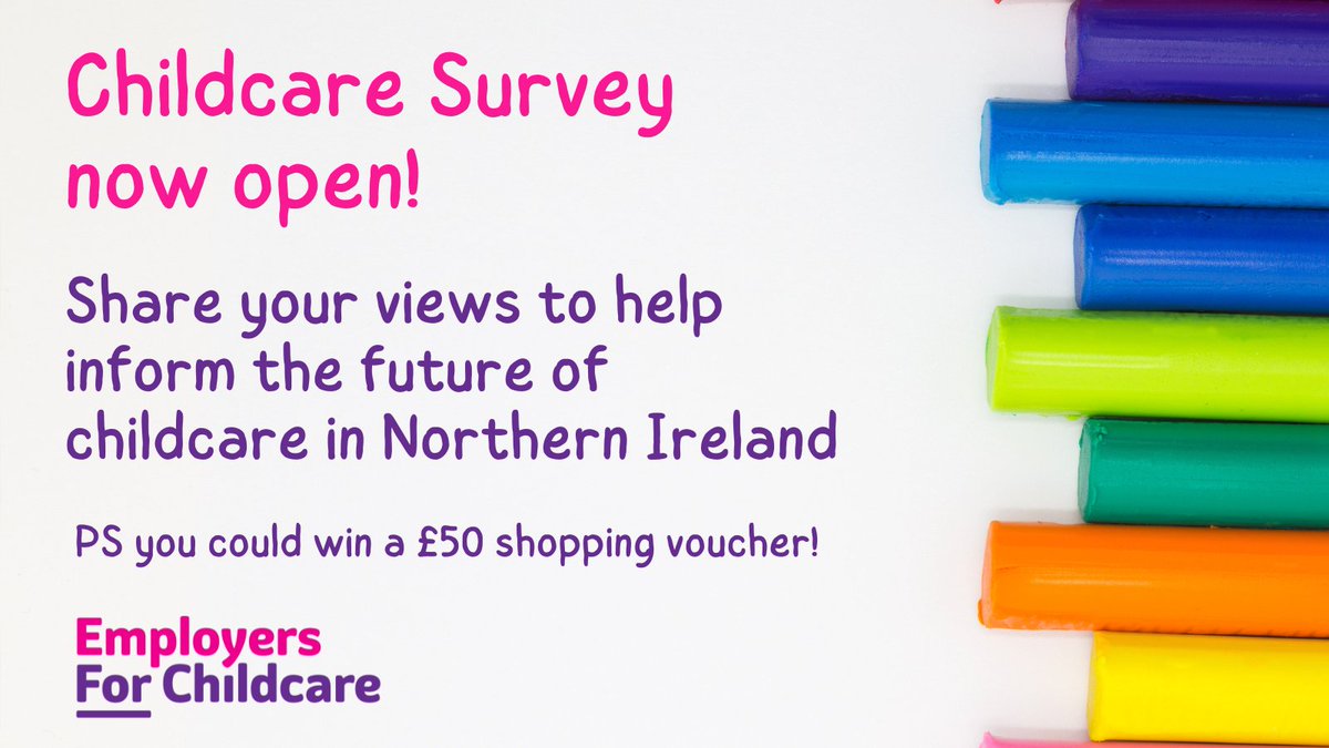 Reminder - take 10 minutes to complete the Northern Ireland Childcare Survey for your chance to win a £50 shopping voucher.

It's essential we hear from as many parents as possible in this important survey.

Parent survey ▶ bit.ly/3riC01G

Thank you - and please share!