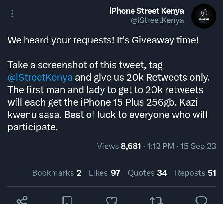 ︎︎︎︎︎︎︎ ︎Mary Kwamboka (@marykwamboks) on Twitter photo Helloo Guys Help me here 20K retweets i get the Iphone 15 from <a href="/iStreetKenya/">iPhone Street Kenya</a>
We can do this Thank you all😍🙏🙏🙏 Helloo Guys Help me here 20K retweets i get the Iphone 15 from <a href="/iStreetKenya/">iPhone Street Kenya</a>
We can do this Thank you all😍🙏🙏🙏