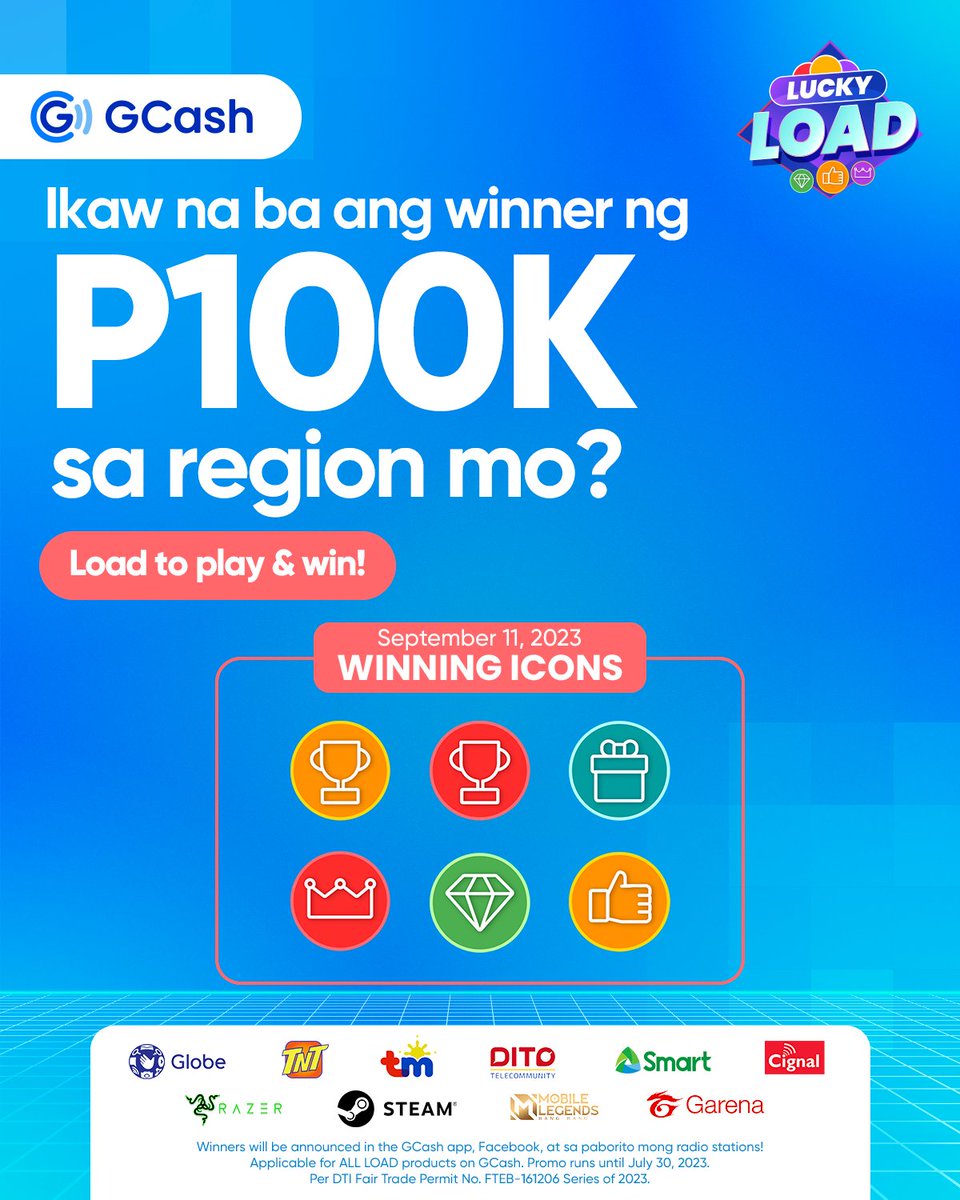 gcashofficial's tweet photo. Isa ka ba sa naglaro ng GCash Lucky Load last week?   Andito na ang 6 winning icons na inaabangan mo! Check your tickets dahil baka ikaw na ang winner ng 100k sa region mo!  Load to play &amp; win with Lucky Load! https://t.co/pF3JcOkFpL