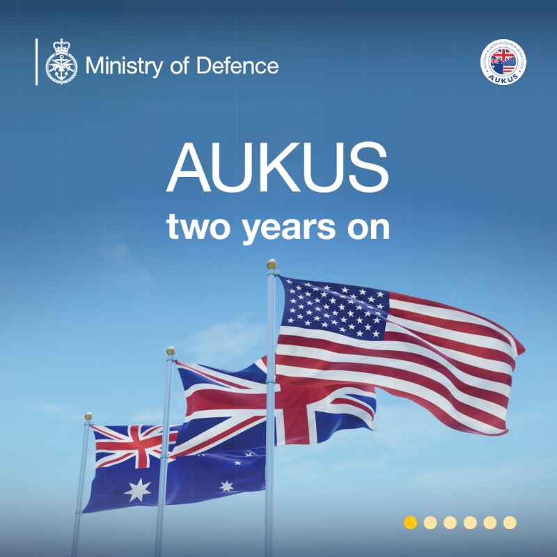 DefenceHQ's tweet photo. Today marks the two-year anniversary of the establishment of the AUKUS defence and security partnership between 🇦🇺, 🇬🇧 &amp; 🇺🇸.

Substantial progress has been made on the SSN-AUKUS and Advanced Capabilities programmes since the initial announcement in 2021. 👇