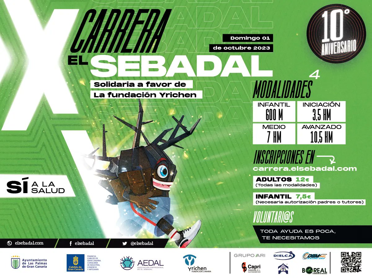 ¡No te pierdas la X Carrera El Sebadal! 🏃‍♀️🏃‍♂️ solidaria a Yrichen y financiada por la Consejería de Industria, Comercio y Artesanía del Cabildo de Gran Canaria

¡Es tu oportunidad de marcar la diferencia! 

¡Te esperamos en la línea de salida! 🌟 

Más info carrera.elsebadal.com