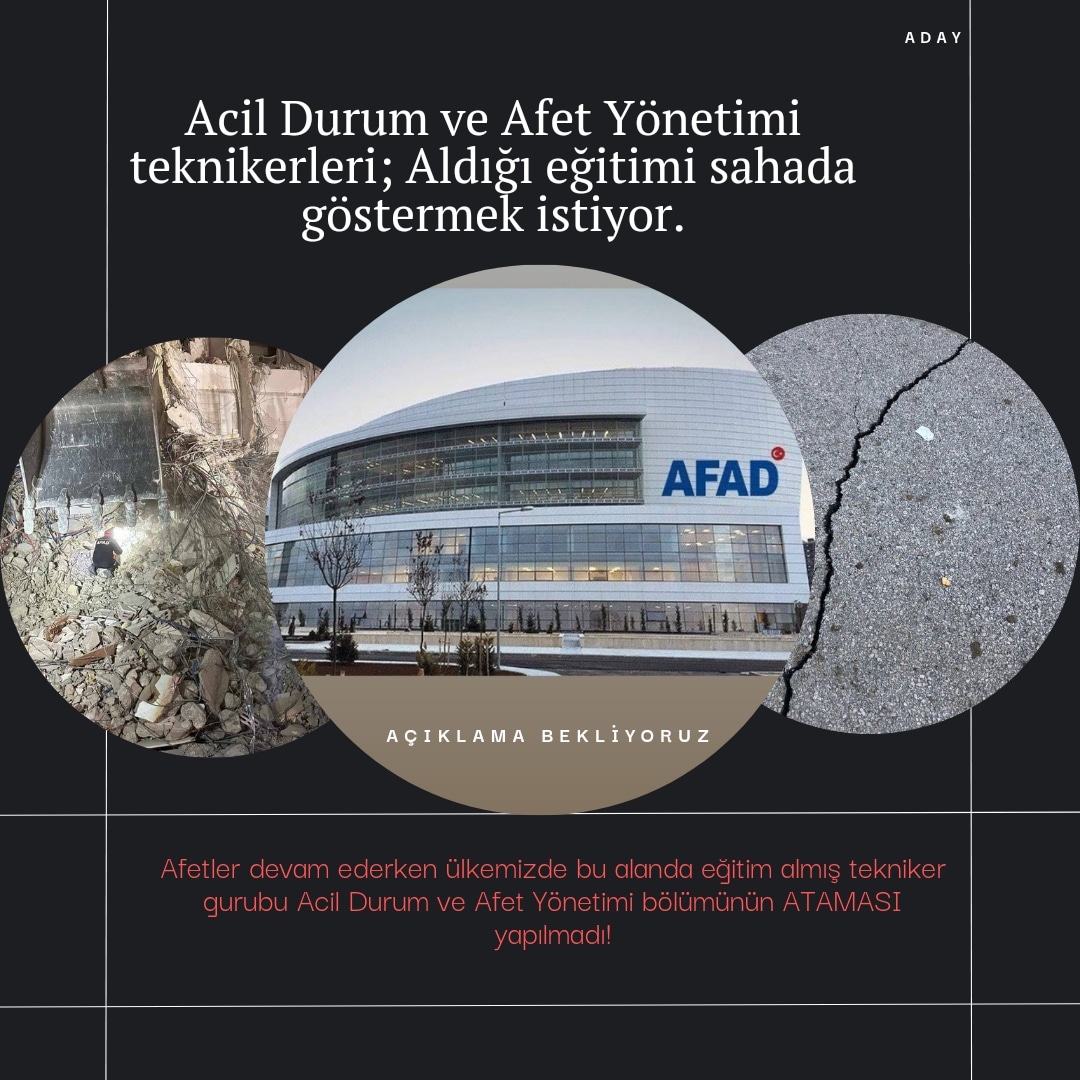 Sayın Bakanım; <a href="/AliYerlikaya/">Ali Yerlikaya</a> zamanı geçmiş ve hâlâ ataması yapılmayan Acil Durum ve Afet Yönetimi teknikerleri olarak size soruyoruz ATAMA ne zaman ? 
Önceki atamadaki kılavuz şartlarının iyileştirilmesini ve en az 10 bin atama yapılmasını talep ediyoruz

AcilDurumTeknikeriAtama
