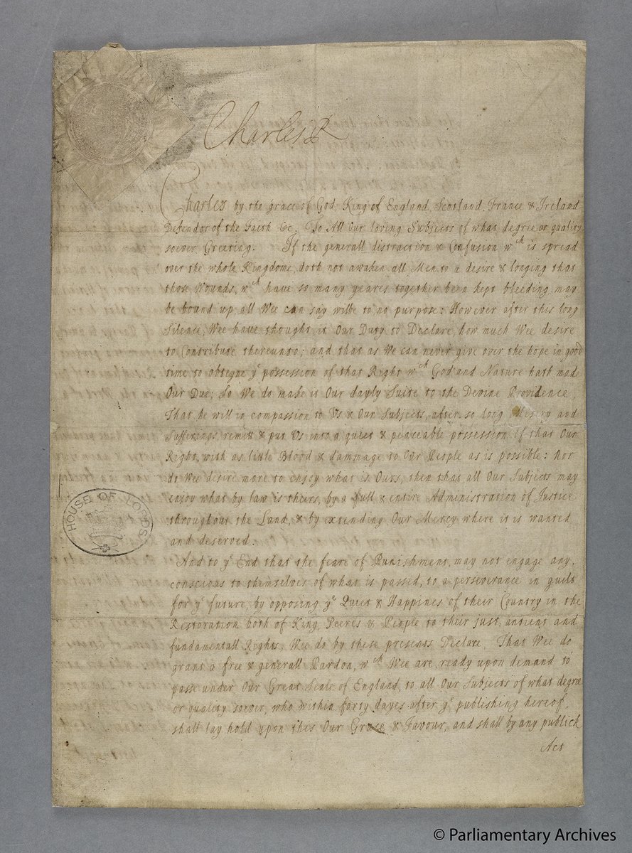 UKParlArchives's tweet photo. The Garrick Theatre is showing a historical comedy, ‘The Crown Jewels’ featuring King Charles II. In 1660, the King drew up the Declaration of Breda to prepare Britain for the return of the Monarch, but this did not prevent the attempted theft of the Crown Jewels! #TowerRex https://t.co/qjyG0GVNeS