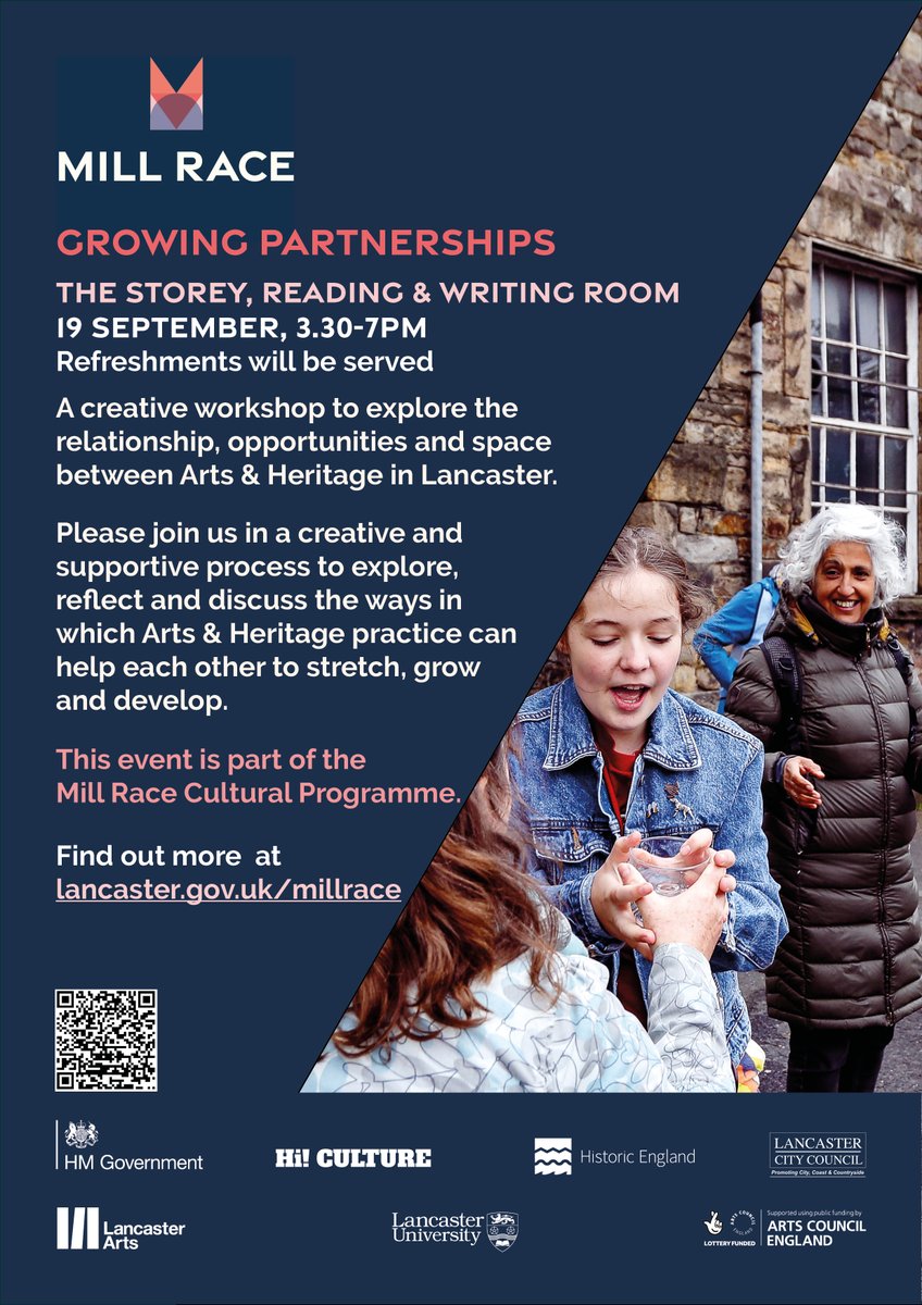 The #MillRace Cultural Programme is inviting local people with a passion for culture to a free creative workshop to explore the relationship between #arts & #heritage in #Lancaster. Tue 19 Sept, 3.30-7pm at The Storey. Book now at: lancasterarts.org/youre-invited/… @lancasterarts