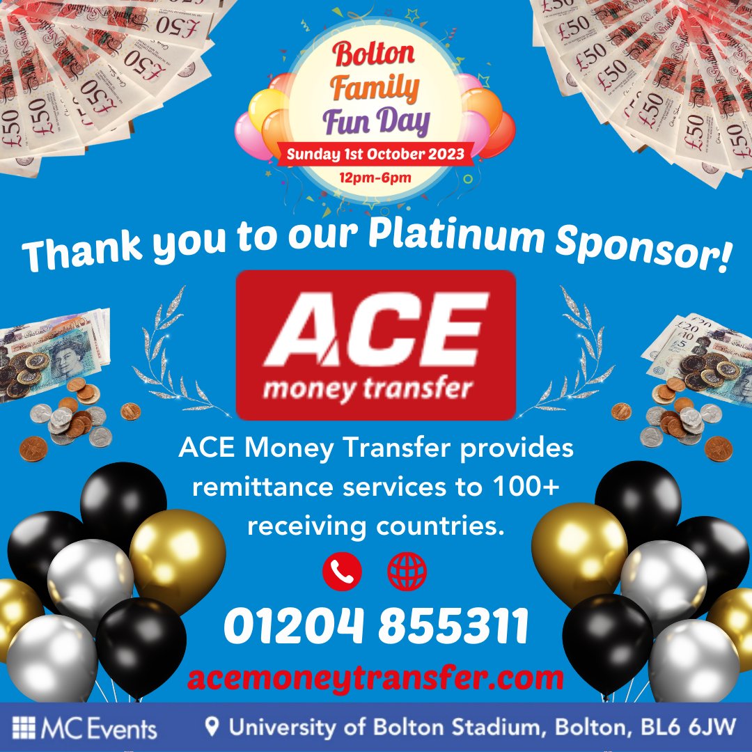 🌟 A big thank you to ACE Money Transfer, our platinum sponsor for the upcoming Bolton Family Fun Day! 💖

📅 Sunday, 1st October 2023
⏰ 12 pm to 6 pm

For money transfers, reach out to <a href="/ACEMoneyTransfr/">ACE Money Transfer</a>: 
📞 01204 855311 🌐 acemoneytransfer.com

#BoltonFamilyFunDay 🎉🎈