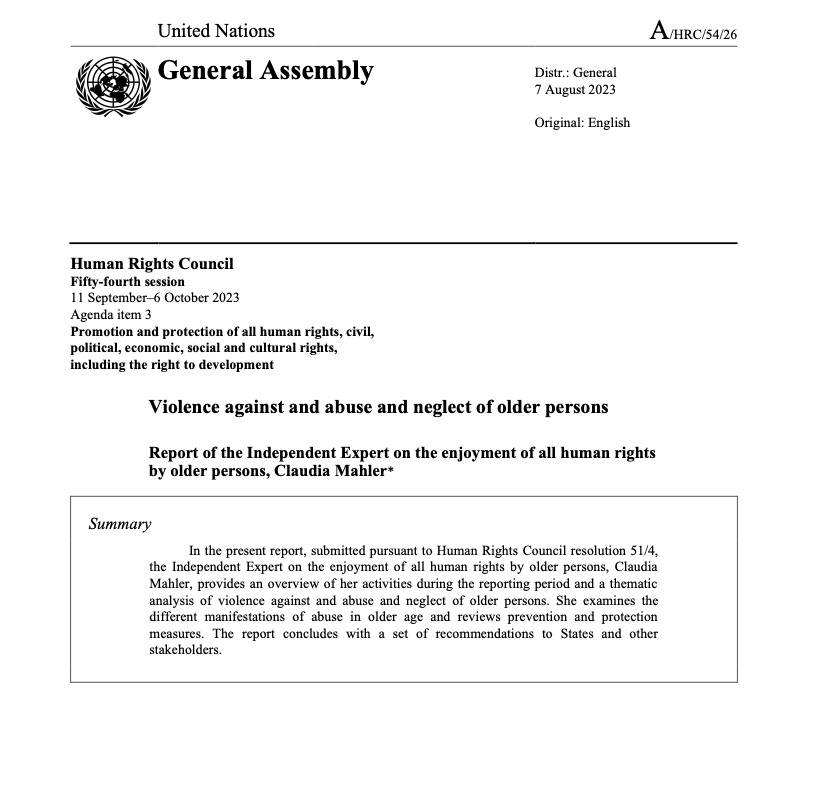 📢The UN Independent Expert on the Enjoyment of all Human Rights by Older Persons (<a href="/IE_OlderPersons/">Claudia Mahler - UN Independent Expert</a>) is presenting today her new report on violence, abuse and neglect. The report is available in all UN official languages and the English version is here 👉undocs.org/en/A/HRC/54/26