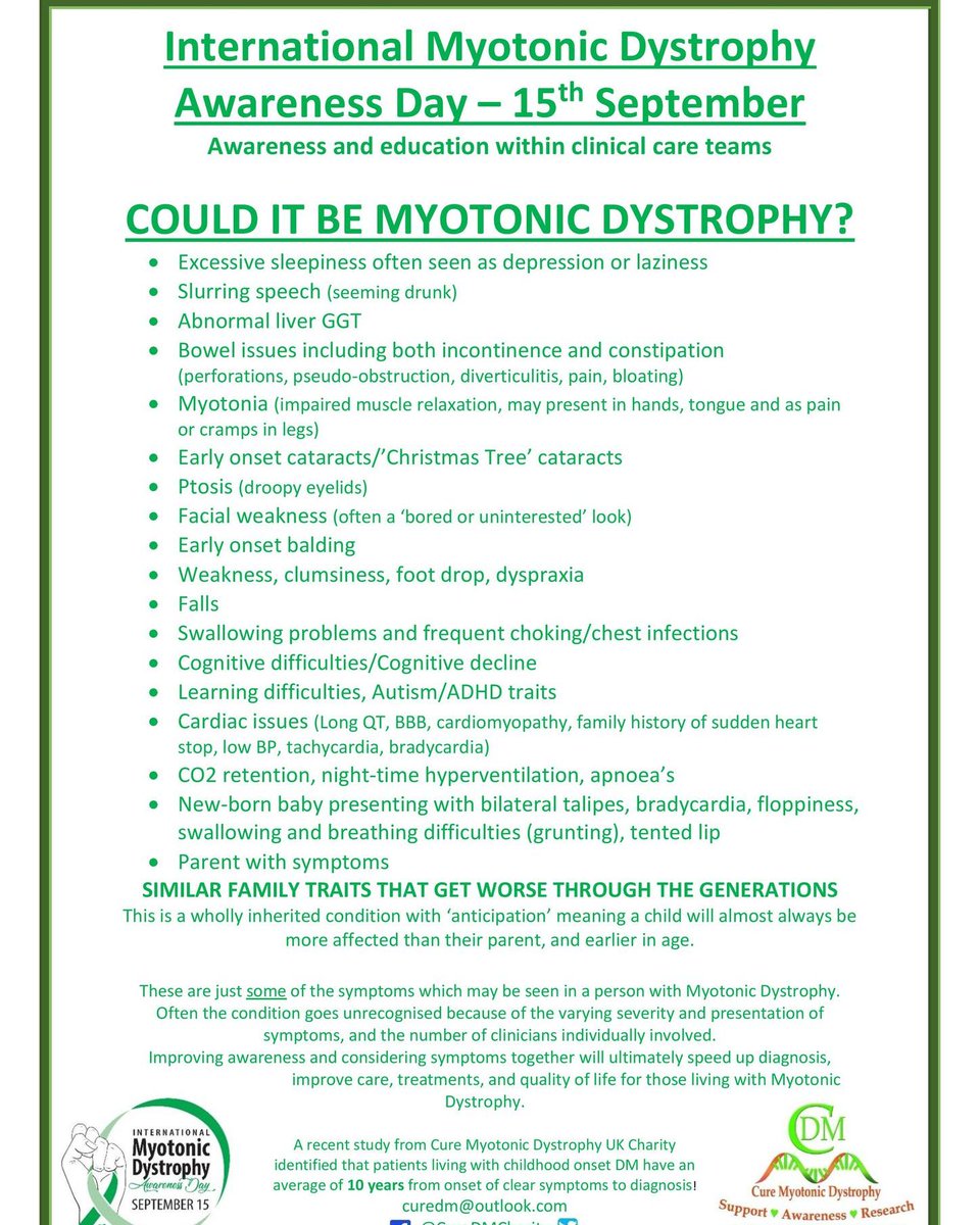 Our friends at @CureDMCharity have produced a 'Could it be...' poster to raise awareness of #MyotonicDystrophy symptoms and support accurate diagnosis💚 Please share far and wide! #MyotonicDystrophyAwareness