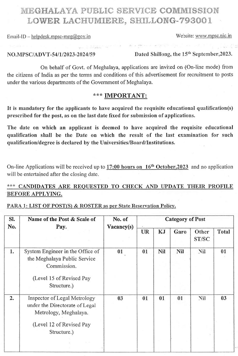 MeghalayaGov's tweet photo. Applications are invited #OnlineMode for recruitment to the posts of System Engineer, Inspector of Legal Metrology, Assistant System Engineer and Junior Accounts Assistant @DiprMeghalaya (https://t.co/LwGOVCaxbJ) https://t.co/KNPFfAOU70