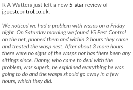 JG Pest Control (@jgpest) on Twitter photo ⭐️3 hour turnaround from phone call to visit.
⭐️3 hours after the visit no wasps!
⭐️Weekend Callout.
⭐️No further Wasp sightings!
⭐️Superb Technician.
Just another day at the office for JG Pest Control, and another 5-star <a href="/Trustpilot/">Trustpilot</a> review to add to the very long list! ⭐️3 hour turnaround from phone call to visit.
⭐️3 hours after the visit no wasps!
⭐️Weekend Callout.
⭐️No further Wasp sightings!
⭐️Superb Technician.
Just another day at the office for JG Pest Control, and another 5-star <a href="/Trustpilot/">Trustpilot</a> review to add to the very long list!