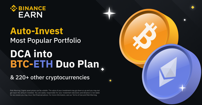 binance's tweet photo. Dollar-cost average into the most popular portfolio on #Binance Auto-Invest, the BTC-ETH Duo Plan!

Set up your Auto-Invest plan and buy into #BTC, $ETH, and 220+ other cryptocurrencies.

Get started ⬇️