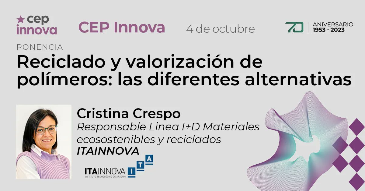 CEPplast's tweet photo. 📢 Conoce a los speakers de #CEPInnova, la jornada de tecnología e innovación en el sector del #plástico

🎙 Cristina Crespo de @ITAINNOVA nos presentará las opciones de valorización de los materiales poliméricos

📅 4/10

➕  info e inscripciones ➡ https://t.co/50BoVU2NSN https://t.co/1sp5iCvPQZ