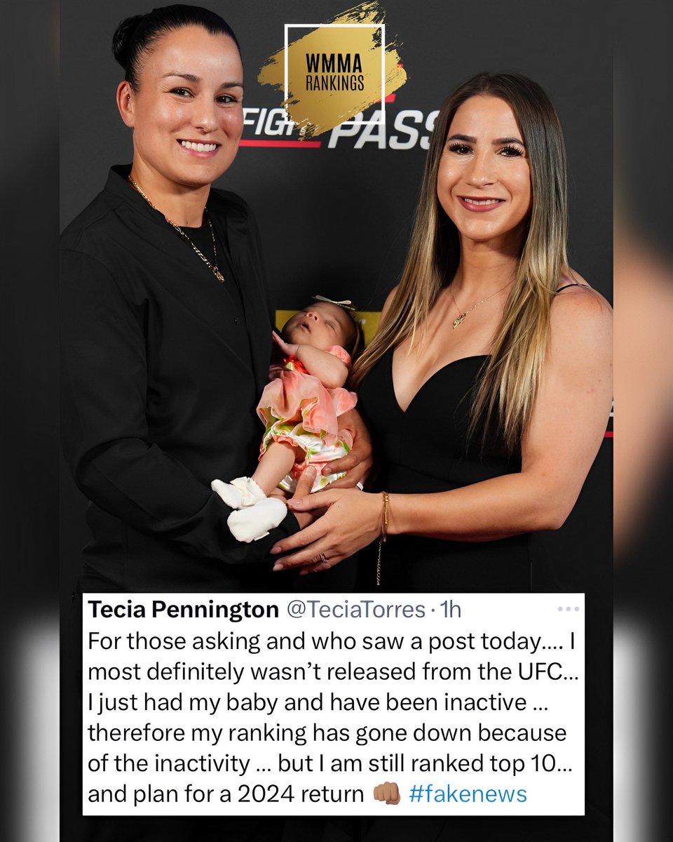WMMARankings's tweet photo. Tecia Torres sets the record straight about her UFC future amidst recent release rumors.

After welcoming a beautiful baby girl, we're excited to see her return to the Octagon in early 2024! 👶💥 #WMMA #UFC https://t.co/kSn4VnRExX