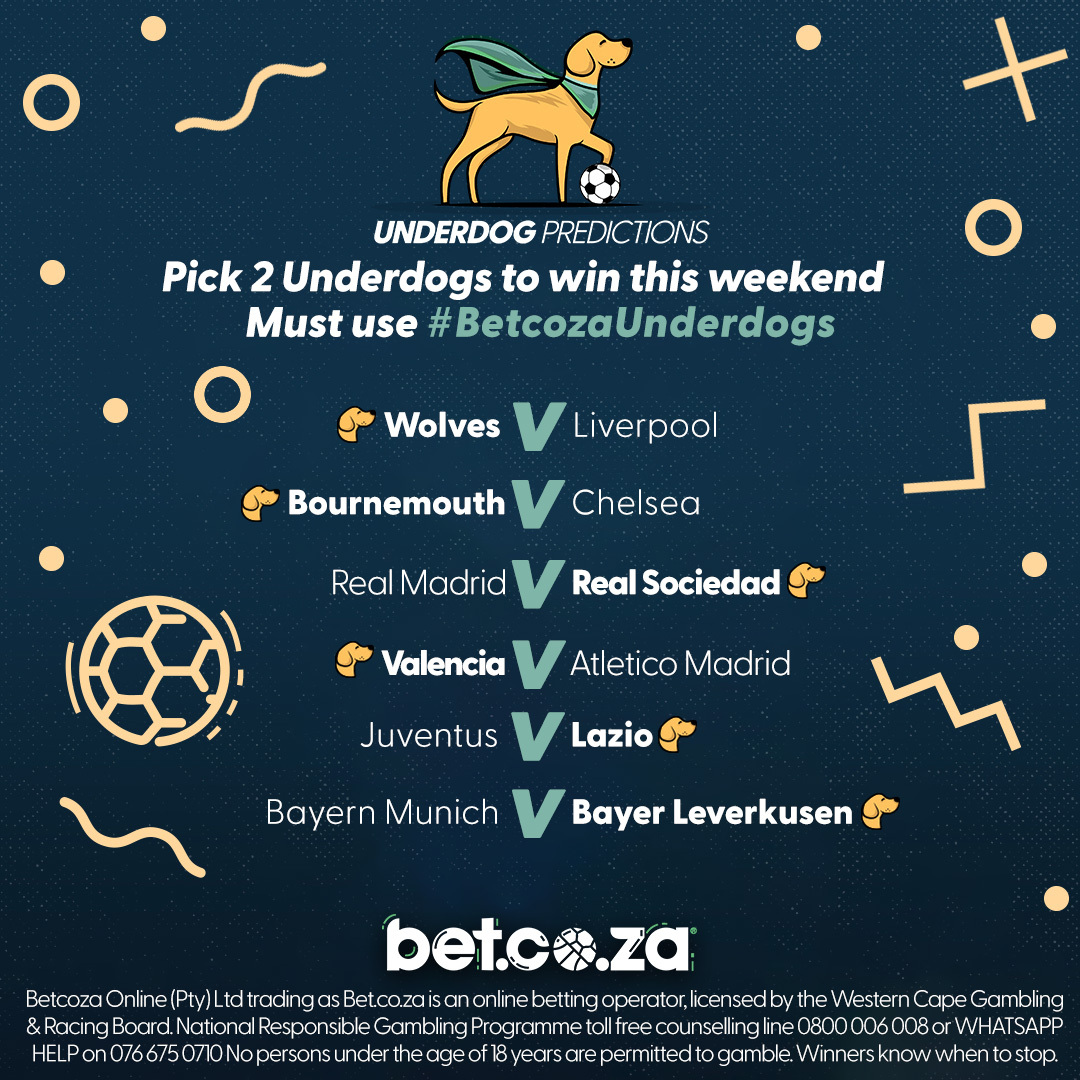 🚨#𝘽𝙚𝙩𝙘𝙤𝙯𝙖𝙐𝙣𝙙𝙚𝙧𝙙𝙤𝙜𝙨  Competition is here❗

Pick2️⃣ Underdogs to win their matches this weekend &amp; if your 2 chosen underdogs both win, you'll stand a chance to win R2500❗

👉MUST use #BetcozaUnderdogs to enter

T's &amp; C's  apply>surl.li/lajyq