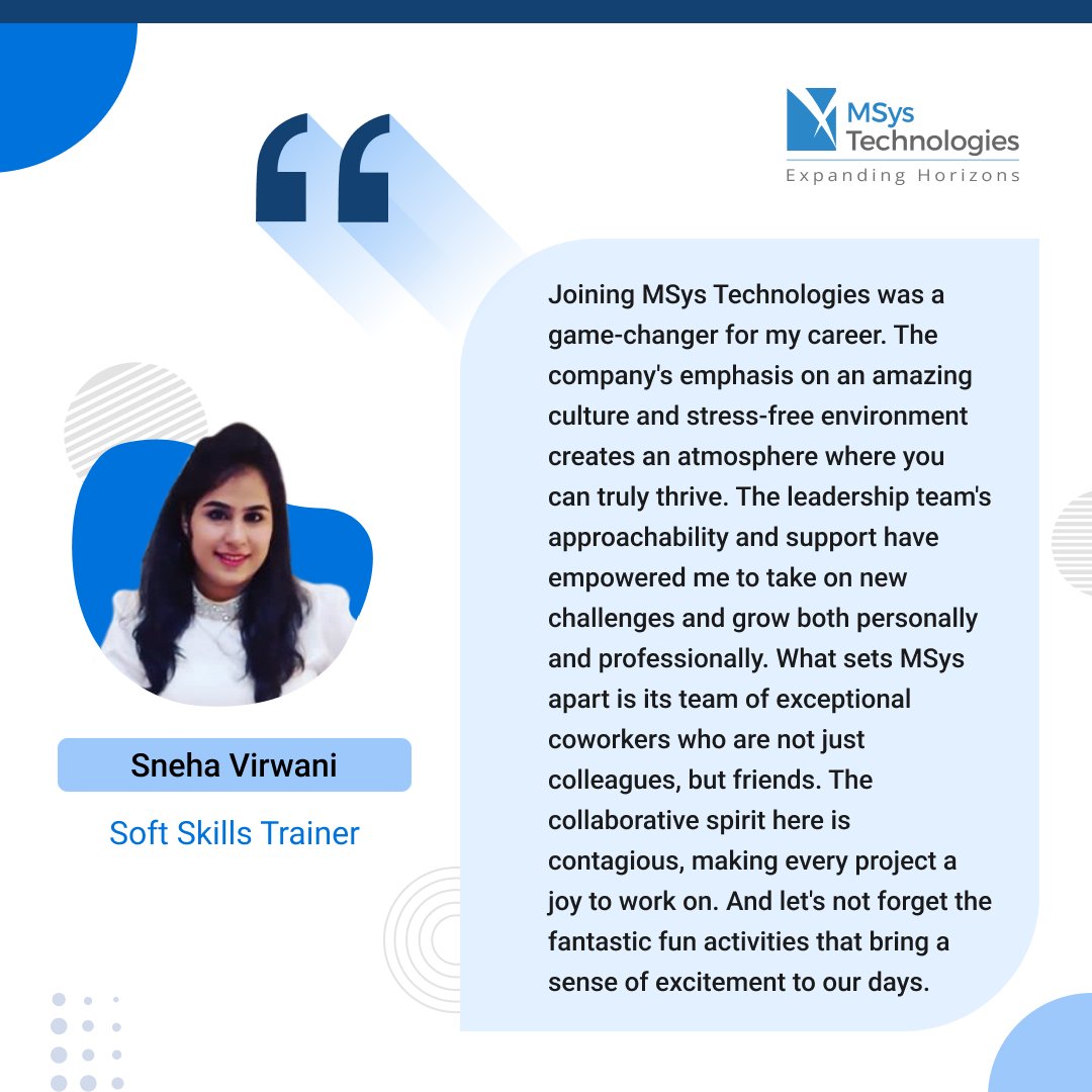 AziroTech's tweet photo. Discover how our employees' journeys reflect the heart and soul of our vibrant workplace culture.
Join us in celebrating the power of collaboration, growth, and genuine camaraderie.
#EmployeeTestimonial #LifeatMSys #EmployeeFeedback https://t.co/az29GRU6v7