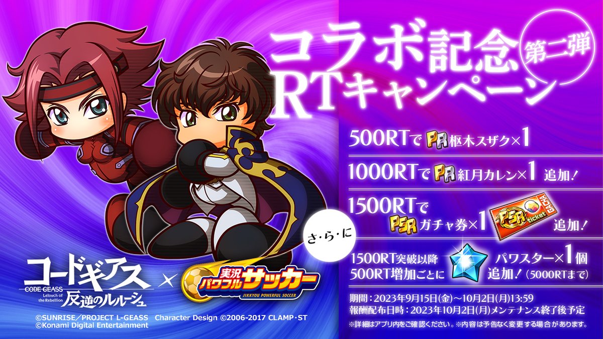 ⚽『コードギアス 反逆のルルーシュ』×『パワサカ』コラボ実施中！⚽

今日から「枢木 スザク」「紅月 カレン」が新登場でやんす🎉
これを記念してRTキャンペーン第二弾実施でやんす！
10/2(月)13:59までのRT数に応じて、イベキャラや豪華報酬をプレゼントでやんす！
#geassp #コードギアス #パワサカ