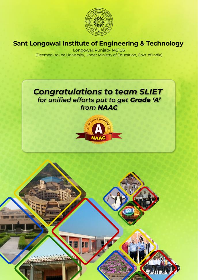 Congratulations to team SLIET for unified efforts put to get Grade 'A' from NAAC. 
#PMO #ministryofEducation 
@AICTE_INDIA @ugc_india #ChairmanBom #IITRopar #NAAC #NIRF