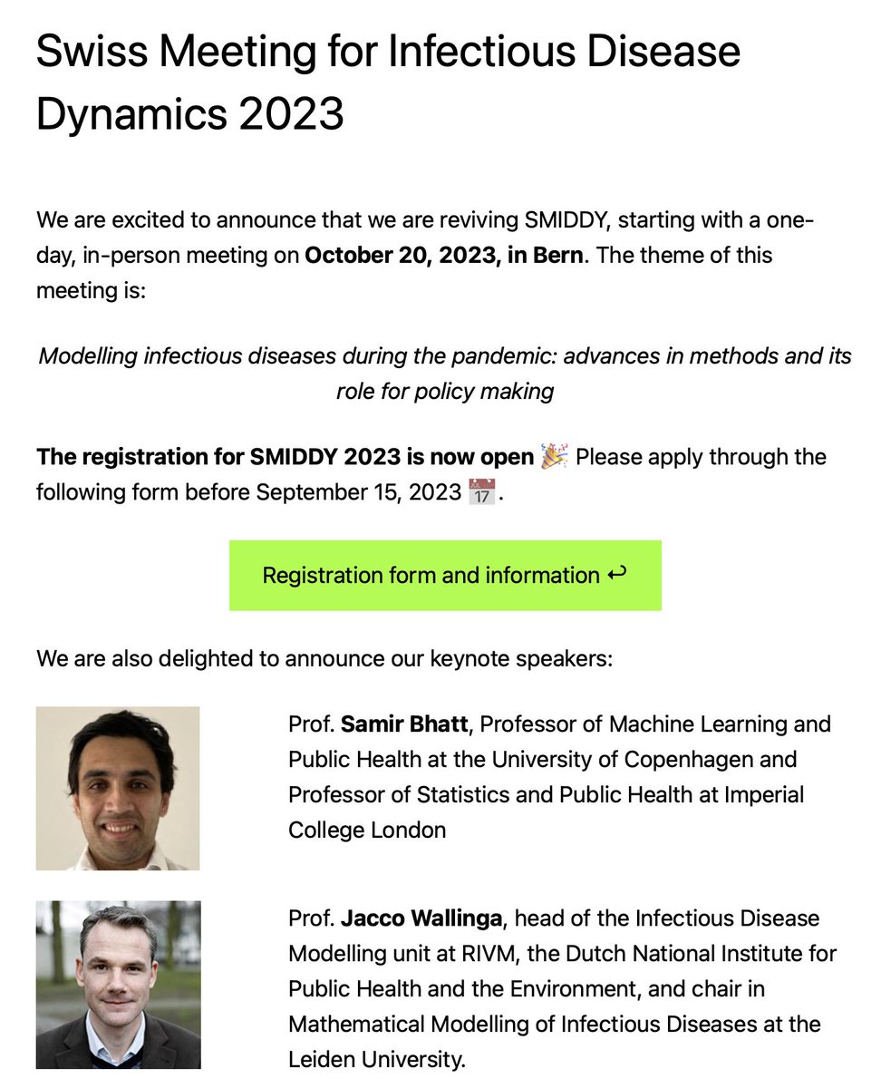 🚨Last day🚨
✅Secure your spot at SMIDDY'2023 on smiddy.ch!
✅come to Bern for a full day of presentations, posters, and discussion on modeling infectious disease dynamics and its role for policy-making 📊
✅meet the community of Switzerland-based modelers🇨🇭