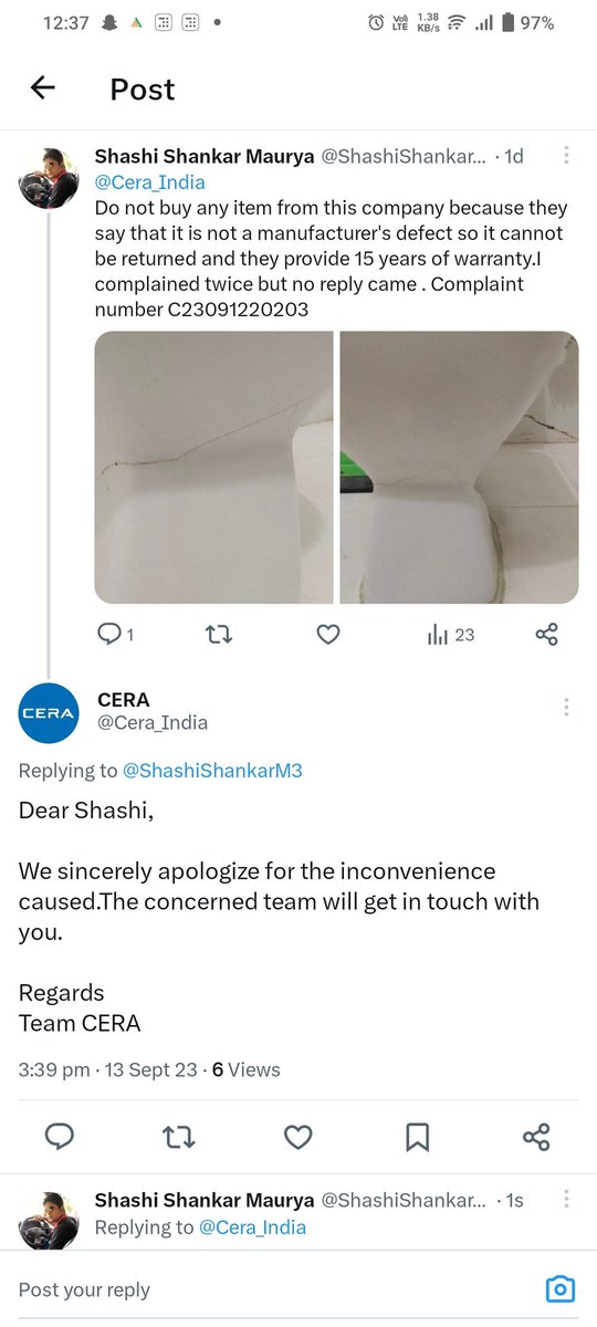 ShashiShankarM3's tweet photo. @cera_care @Cera_India
They said that our team will talk to you but this is all a lie and no one talks: if it is their mistake then they do not pick up the call saying it is the customer's fault.I got tired of calling their service boy but he did not pick up the call. https://t.co/lvfFzgeA3j