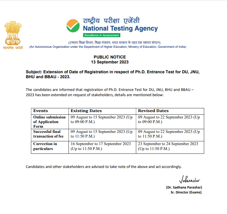 #Important #announcement by @NTA_Exams regarding Ph.D. admissions. Those interested now have more time to apply. Last date to submit online application for PHD entrance test has been extended till 22 September, 2023. Details here: 

nta.ac.in/Download/Notic…

#BHU #PHDAdmissions