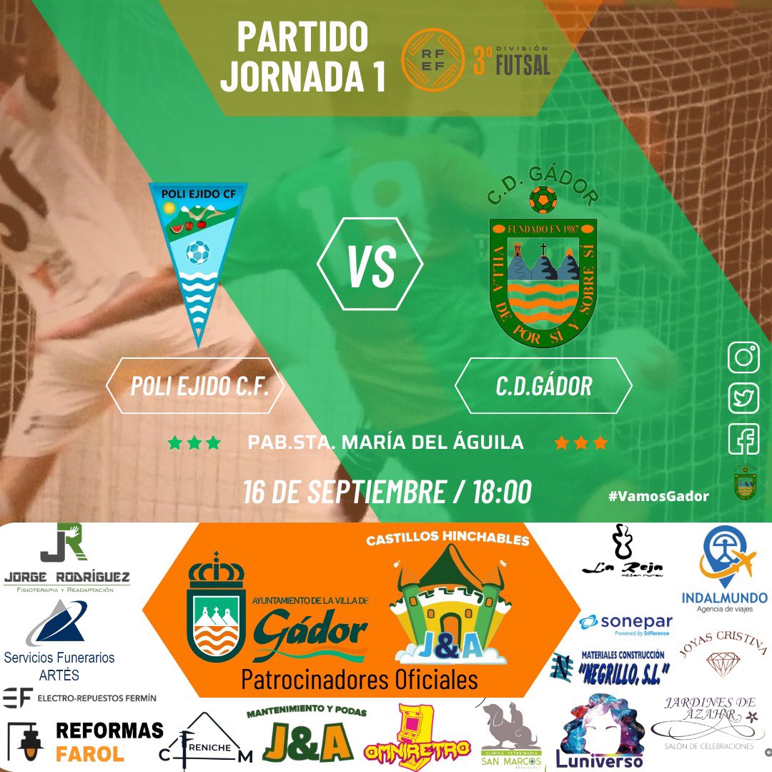 🔔 JORNADA 1 🟠🟢

🎙️ Nuestro primer equipo jugará el próximo sábado frente al @poliejidofutsal , primer derbi de la provincia! 

📅 Sábado 16 de septiembre 
🏟️ Pabellón de Sta María del águila 
🕐 18:00 

💚🧡

#ClubDeportivoGador
#VamosGador