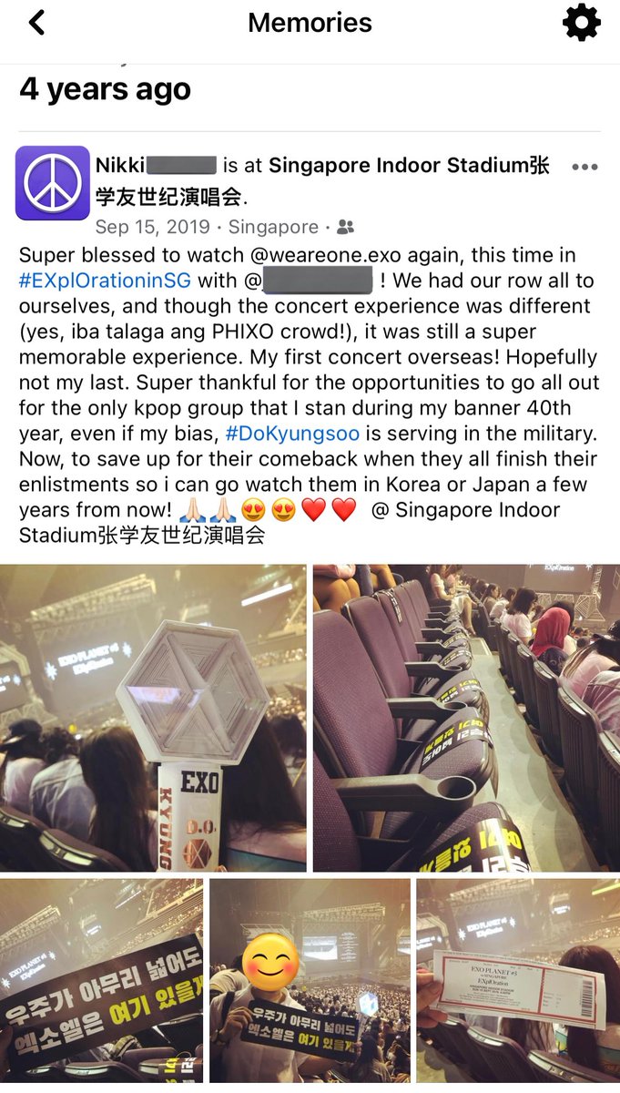 nikkio96's tweet photo. Throwback to 4 years ago this day - was able to watch #EXplOrationinSG after #EXplOrationinMNL with @snrnctzen! 

Unforgettable experience. I have seen #EXO and/or its member/s on 6 more separate occasions since then - and eventually getting to see #Kyungsoo & #Xiumin! hoping to continue this journey with #EXO in the years to come and with the next EXOplanet tour stops! 🙏🏻🙏🏻🫶🏻

My EXOL fangirling hasn’t been easy, but it has been oh so rewarding & fulfilling. It’s like a gift that keeps on giving. 🥰 I love you, EXO!😍