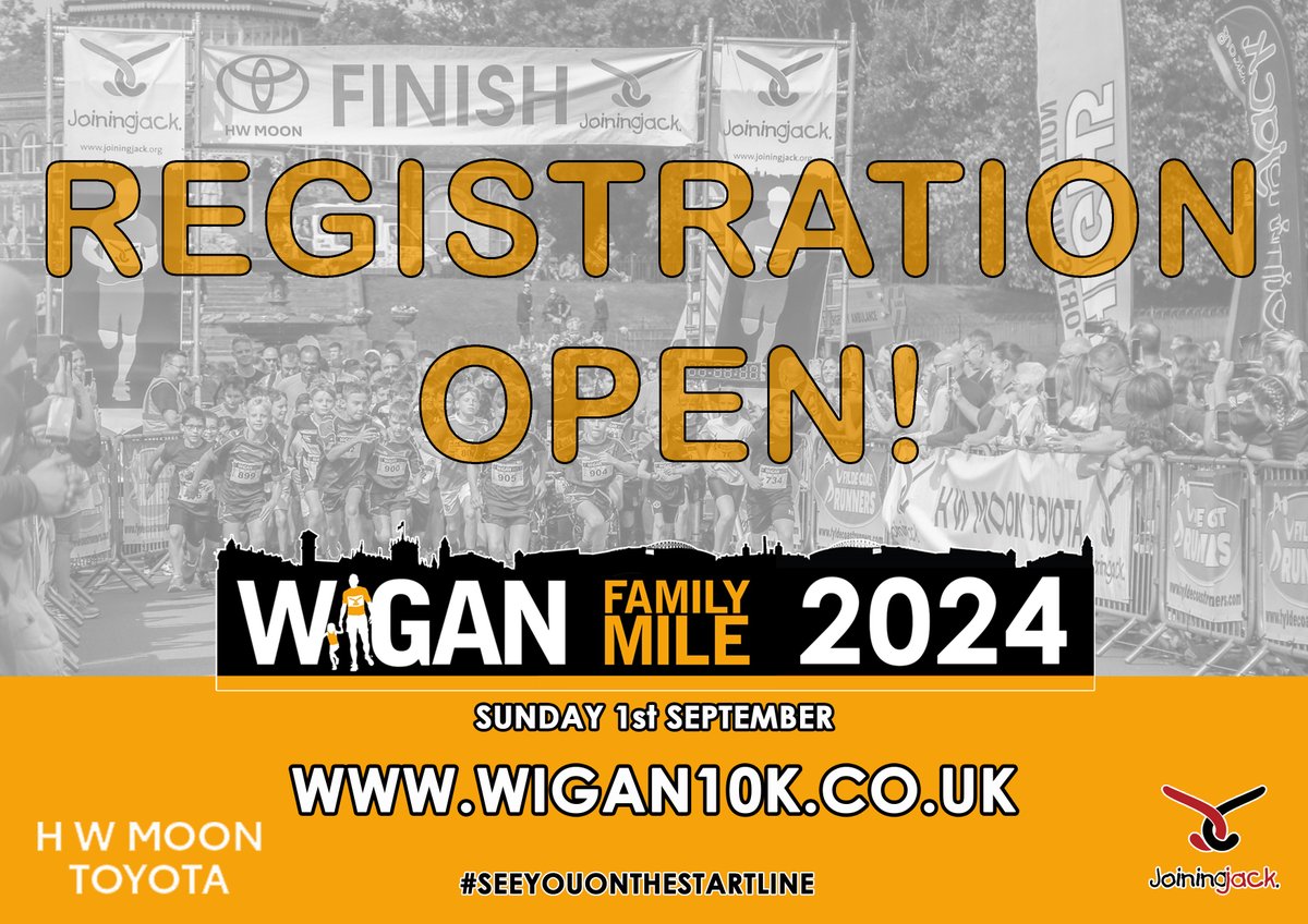 ⭐ FAMILY MILE REG OPEN ⭐ Registration for our fab Family Mile at the 12th @HWMoonToyota Wigan 10k 2024 for @alljoinjack is OPEN wigan10k.co.uk @Bithells @wigan_travel @UncleJoesSweets @EnduranceCoach @wigan_physio @WiganCouncil #wigan10k2024 #thecountdownbegins👉👈
