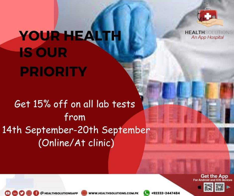 healthsolApp's tweet photo. Get a discount of 15% on all lab tests from the 14th of September till 20th of September. Offer is valid for online sample collection and collection at the HealthSolutions clinic.
HealthSolutions
Android
https://t.co/f46T9bVamZ
iPhone
https://t.co/5zyHQJRVSA
#blood #labs https://t.co/K9Klqoji9E