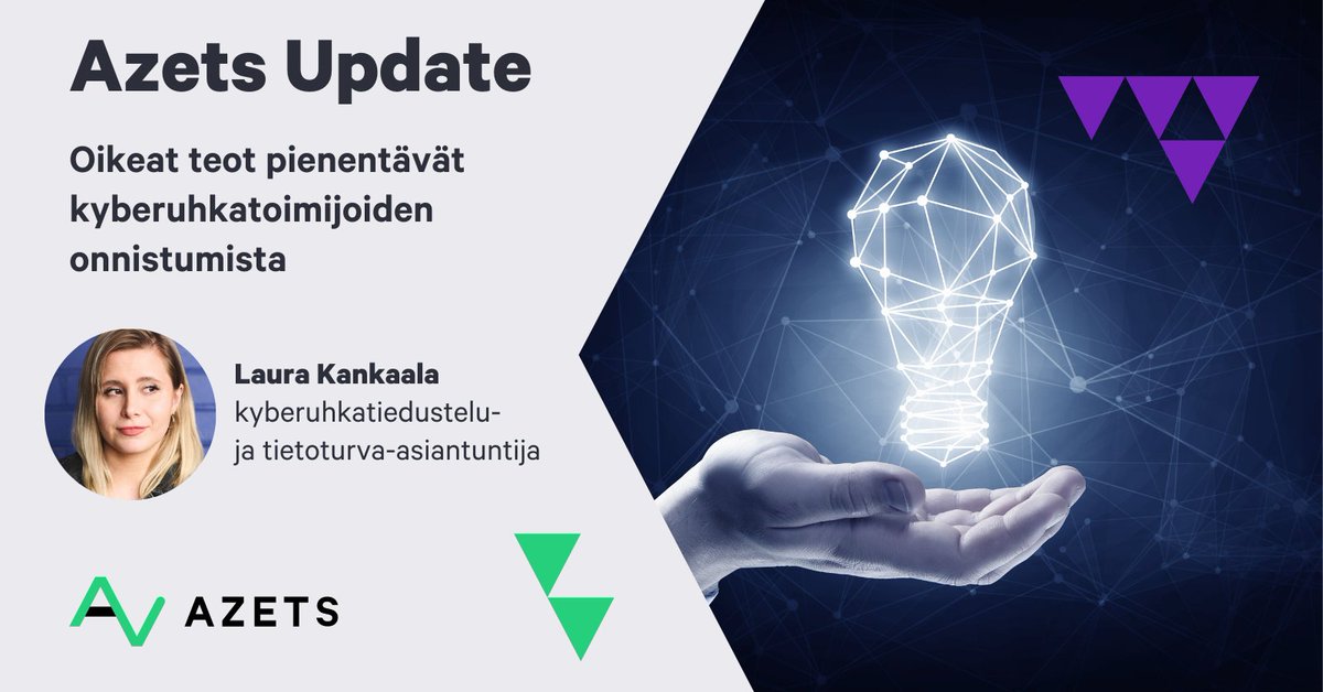 AzetsFinland's tweet photo. Tietoturvassa on monta kerrosta | Tule mukaan Azets Update -webinaariin 12.10. klo 10, kun kyberuhkatiedustelu- ja tietoturva-asiantuntija Laura Kankaala vastaa tietoturvaa koskeviin kysymyksiin » https://t.co/P98ZfWrBoI

#tietoturva #kyberuhka #AzetsUpdate #webinaari https://t.co/yTJwEzZKk7
