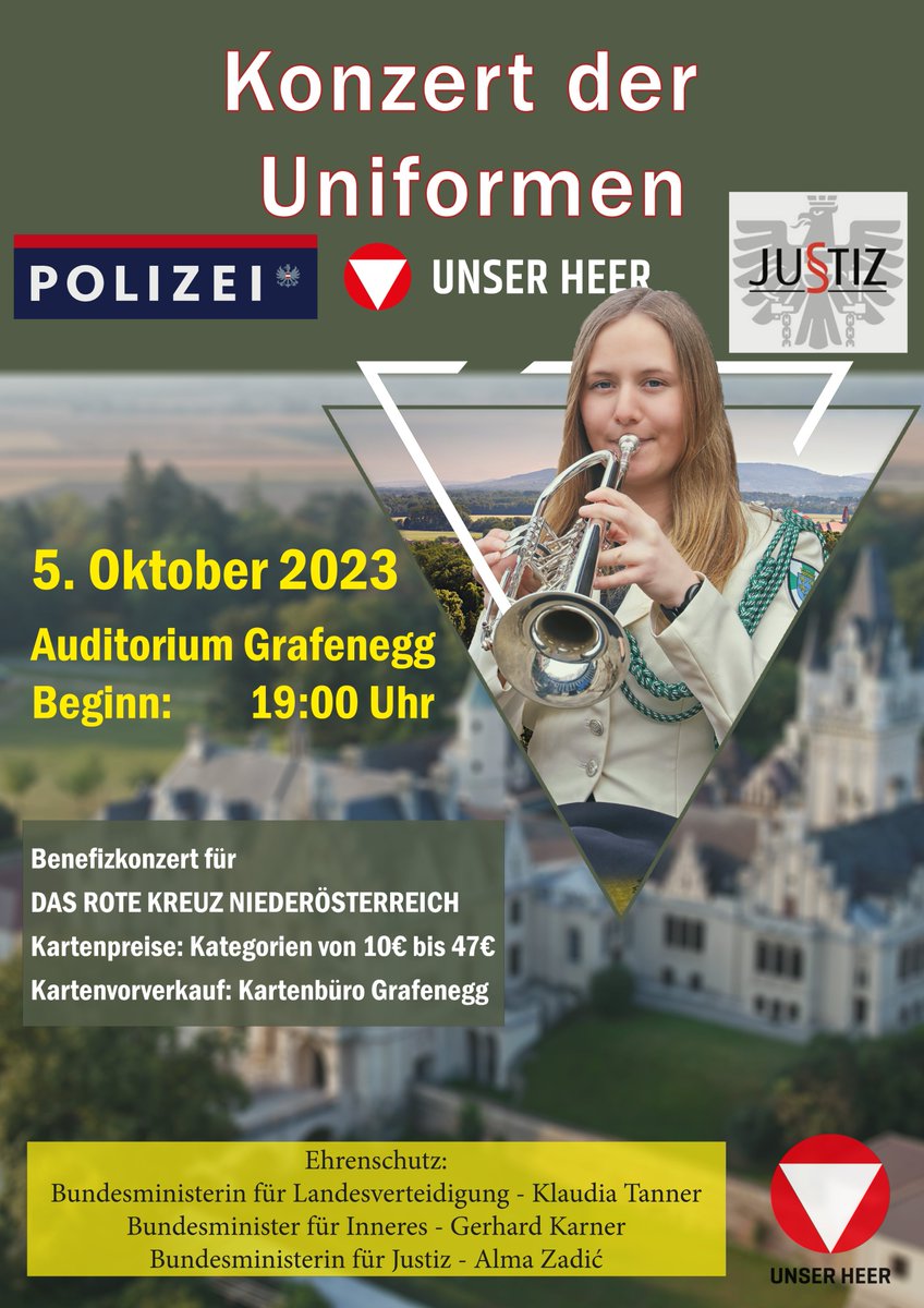 LPDnoe's tweet photo. Die #Militärmusik des Bundesheers lädt am 5. Oktober 2023, ab 19:00 Uhr zum #Konzert der #Uniformen im Auditorium Grafenegg ein.
🎼Der Reinerlös kommt dem Roten Kreuz Niederösterreich zu Gute.
Gemeinsam mit dem #Bundesheer und der #Justiz freuen wir uns schon auf dein Kommen! 🤩 https://t.co/BwfzRRzwtI