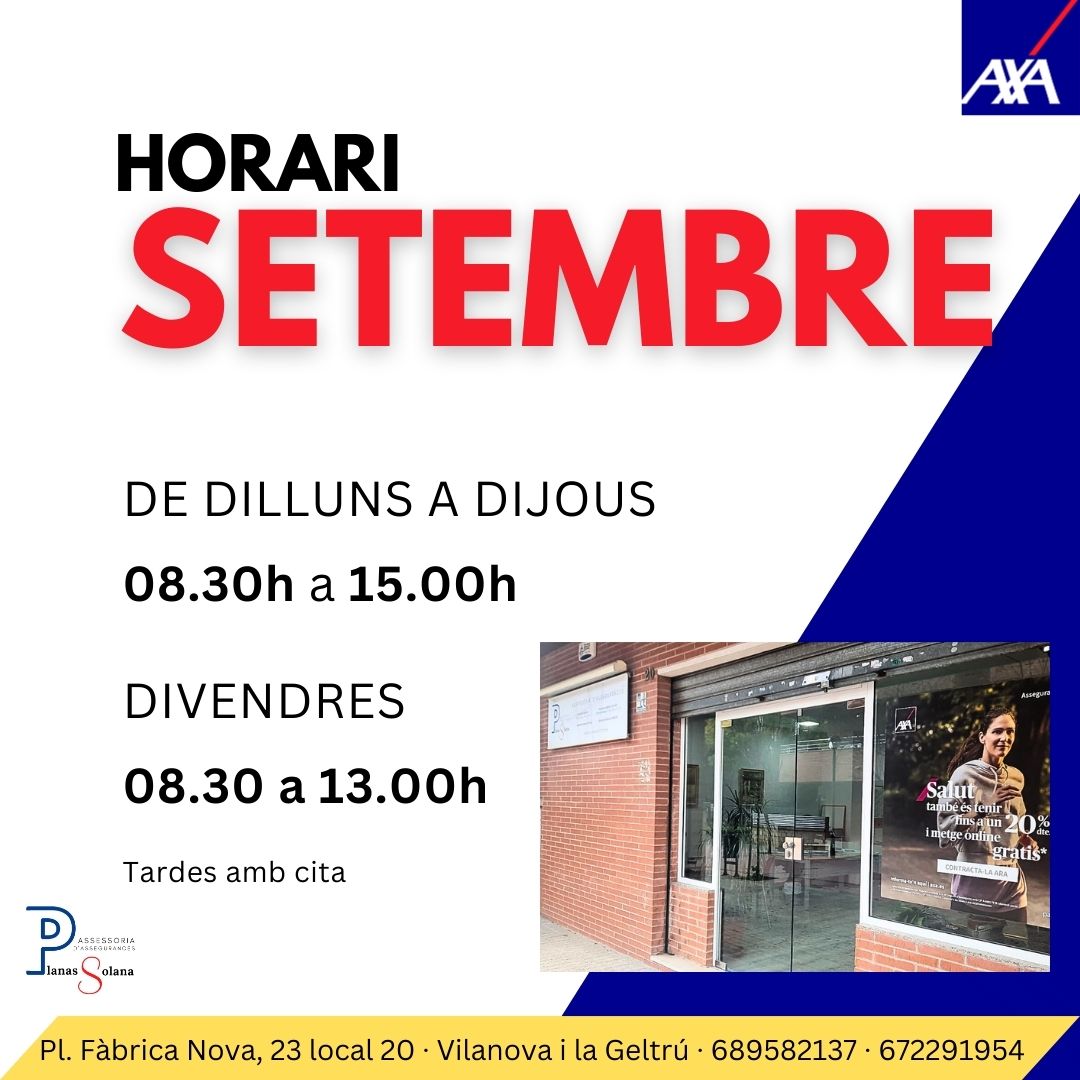 AXA_Vilanova's tweet photo. ⏰ Us recordem que podeu trobar la nostra oficina a Pl.Fàbrica Nova, 23, local 20, Vilanova i la Geltrú
#AXAVNG #AXAVILANOVA #VilanovailaGeltrú #Sitges #Cubelles #Garraf #AXA #Oficina #Horari #Setembre https://t.co/dKuUU7LSVJ