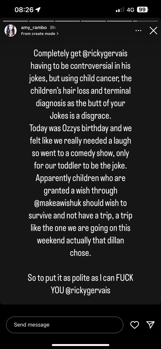 Lucy Orrell (@lucyorrellx) on Twitter photo Amy (like many other parents) Is suffering a nightmare where her toddler Son is battling a very aggressive, painful cancer. Something he’s only ever known. <a href="/rickygervais/">Ricky Gervais</a> you should be ashamed. This ‘joke’ should be removed imminently and a public apology made. A sincere one! 😡 Amy (like many other parents) Is suffering a nightmare where her toddler Son is battling a very aggressive, painful cancer. Something he’s only ever known. <a href="/rickygervais/">Ricky Gervais</a> you should be ashamed. This ‘joke’ should be removed imminently and a public apology made. A sincere one! 😡