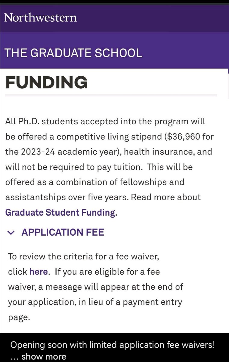 Don't say that "funding"is stopping you from studying  abroad.
Northwestern University US🇺🇸 will be offering ZERO TUITION and Stipend of $36,960 to all admitted PhD students.

Bachelor's direct to PhD is accepted.
They will be waiving application fees too.
tgs.northwestern.edu/funding/about-…