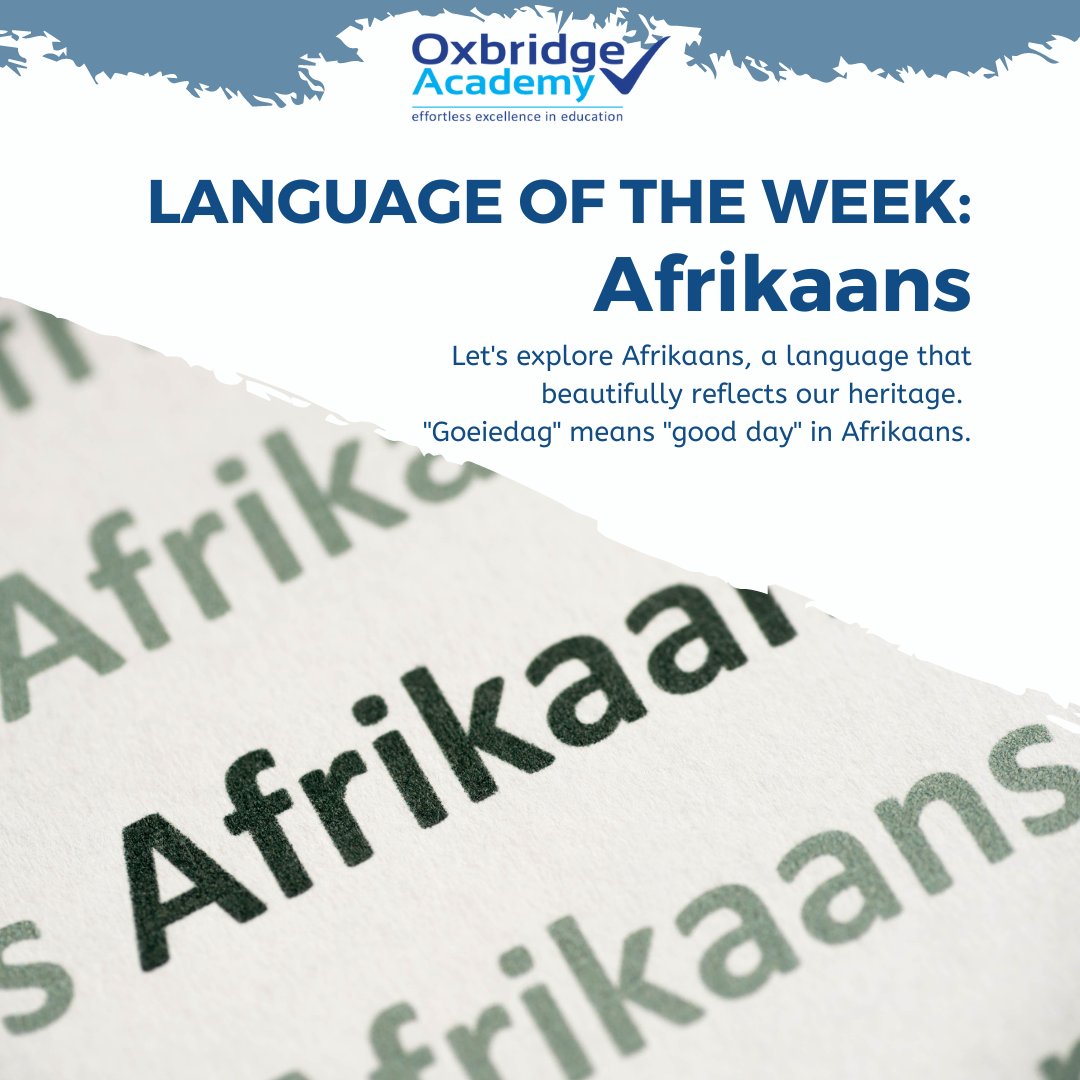 OxbridgeEdu's tweet image. This week’s #LanguageOfTheWeek: Afrikaans:

This week, let's explore Afrikaans, a language that beautifully reflects our heritage. "Goeie dag" means "good day" in Afrikaans. Tag a friend and brighten their day with this friendly greeting! 

#heritagemonth #myheritage