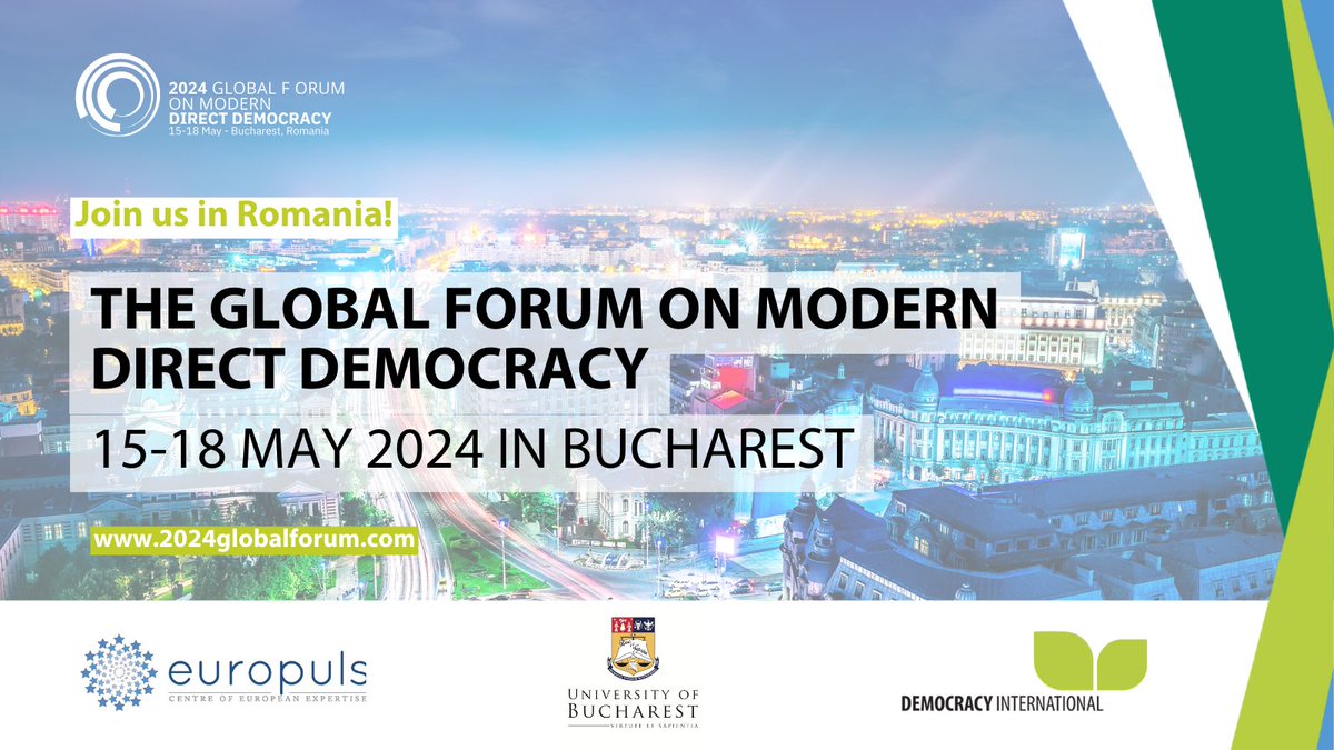 🗓️ Save the Date: May 15-18, 2024 📍 Bucharest, Romania 🌍 Join us for the world's largest conference on modern direct democracy! Engage with experts, activists, and leaders in citizen participation. Let's reshape democracy, together. #gfmdd #GlobalForumonModernDirectDemocracy