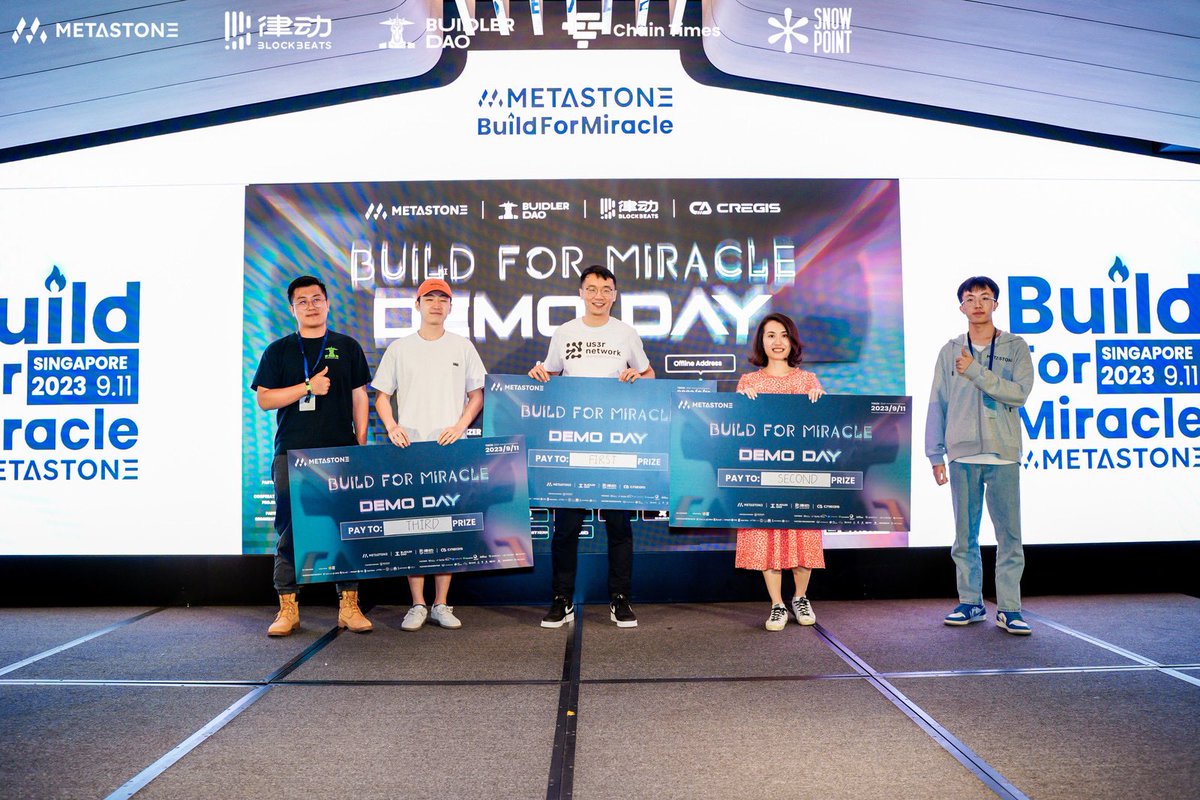MetaStone.Group (@metastonegroup) on Twitter photo We are very pleased to announce that our Demoday has come to an end!
Thanks for all projects participation!
We are also proud to announce that the top three projects for this Final Demo are:
<a href="/getus3r/">US3R Network</a> 1 Prize
<a href="/flock_io/">FLock.io</a> 2 Prize
<a href="/surf_wallet/">Surf | Sui Wallet</a> 3 Prize
Congratulations!! 🫶✊ We are very pleased to announce that our Demoday has come to an end!
Thanks for all projects participation!
We are also proud to announce that the top three projects for this Final Demo are:
<a href="/getus3r/">US3R Network</a> 1 Prize
<a href="/flock_io/">FLock.io</a> 2 Prize
<a href="/surf_wallet/">Surf | Sui Wallet</a> 3 Prize
Congratulations!! 🫶✊