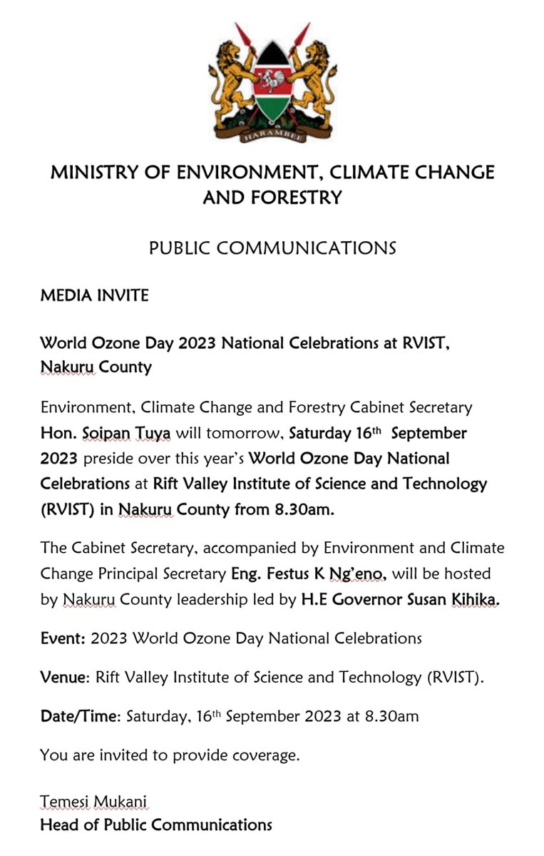 Environment, Climate Change and Forestry Cabinet Secretary Hon Soipan Tuya will tomorrow Saturday, 16th September 2023 preside over World Ozone Day national celebrations at Rift Valley Institute of Science and Technology (RVIST) in Nakuru County #WorldOzoneDay