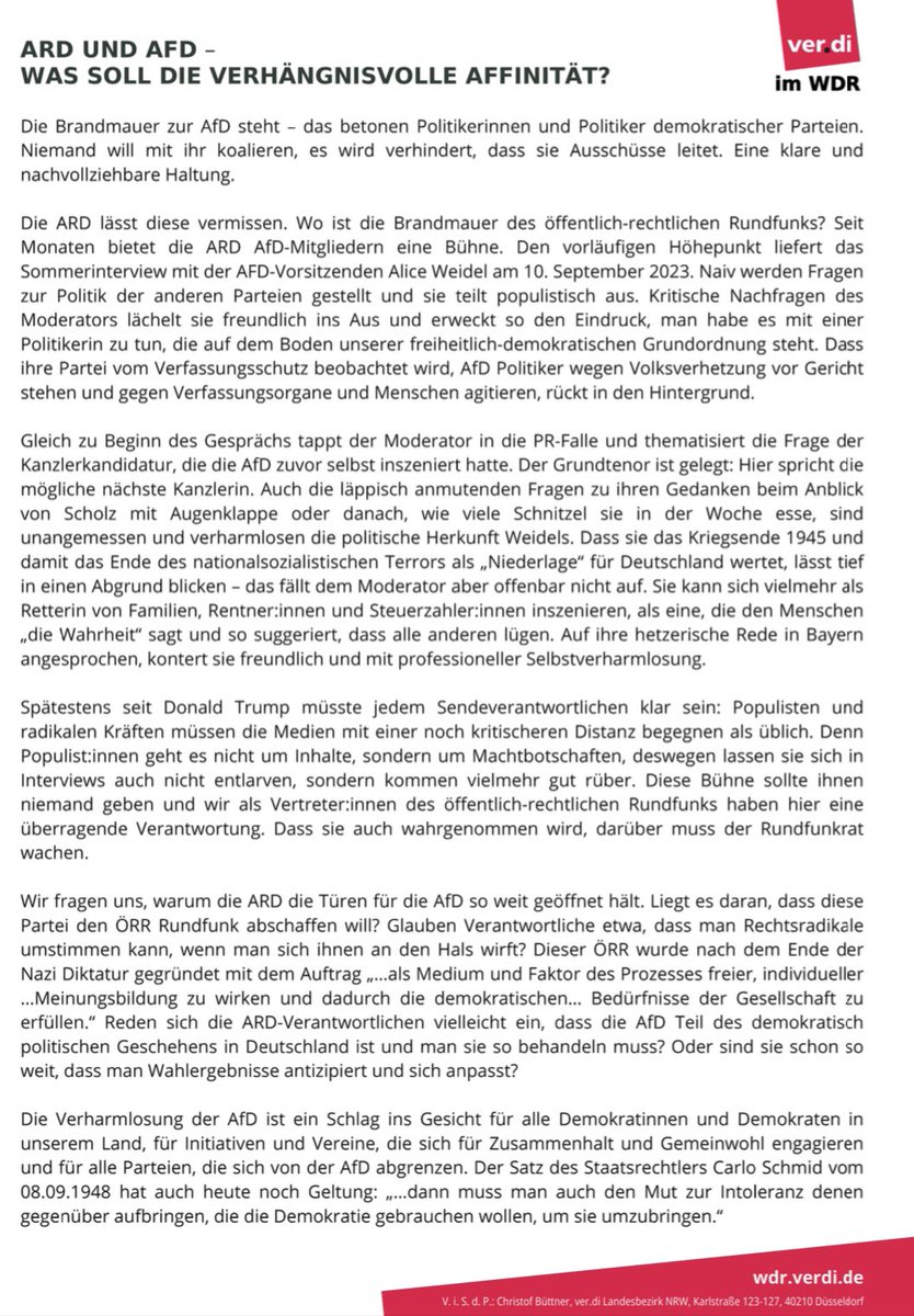 Zur „Normalisierung“ des Faschismus in unserer Gesellschaft tragen nicht nur #CDU/#CSU bei sondern auch jene Verantwortliche im #ÖRR, die Demokratiefeinden wie Chrupalla, Höcke u Weidel immer wieder ein Forum bieten. Das kritisiert nun heftig die Gewerkschaft <a href="/verdi_WDR/">ver.di im WDR</a>.