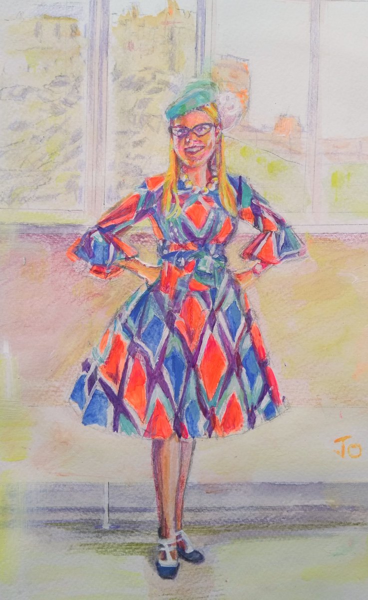 JoBradleypaint's tweet photo. Portrait of illustrator Sarah McIntyre (love her dresses!) who reposts everyone's Thursday #PortraitChallenge s every week!! @jabberworks @StudioTeaBreak #fulllengthportrait #funportrait https://t.co/tWwN8E6a2N